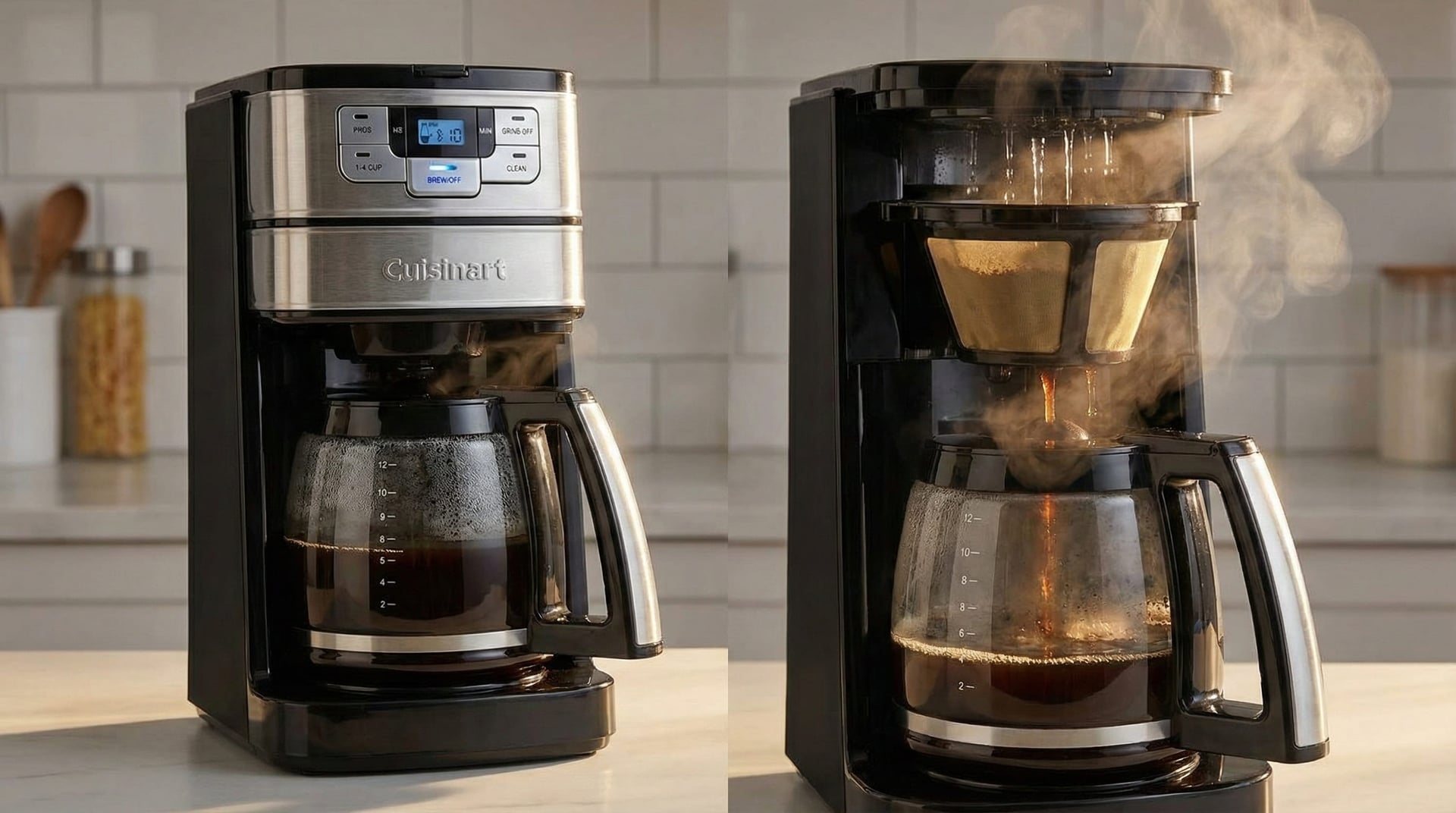 Bean-to-cup brewing process with hot freshly ground coffee dripping into glass carafe on thermal warming plate