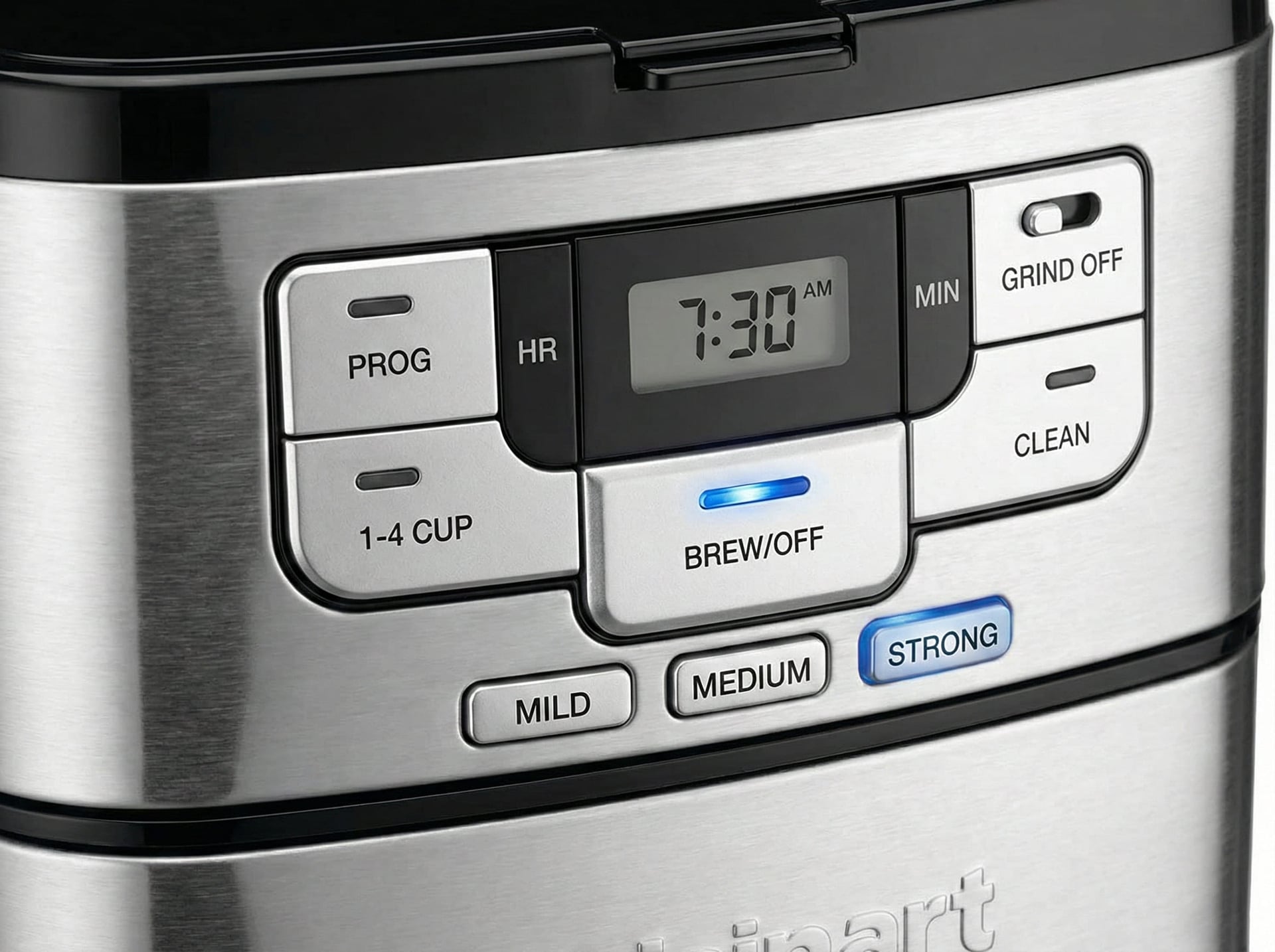 Programmable 24-hour timer control panel on Cuisinart grind brew showing brew strength settings for precision brewing customization