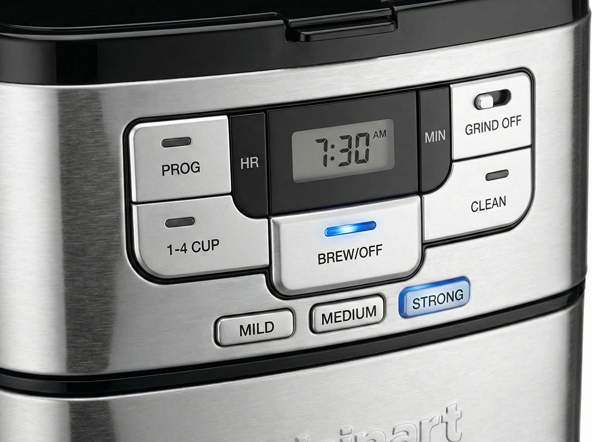 Programmable 24-hour timer control panel on Cuisinart grind brew showing brew strength settings for precision brewing customization