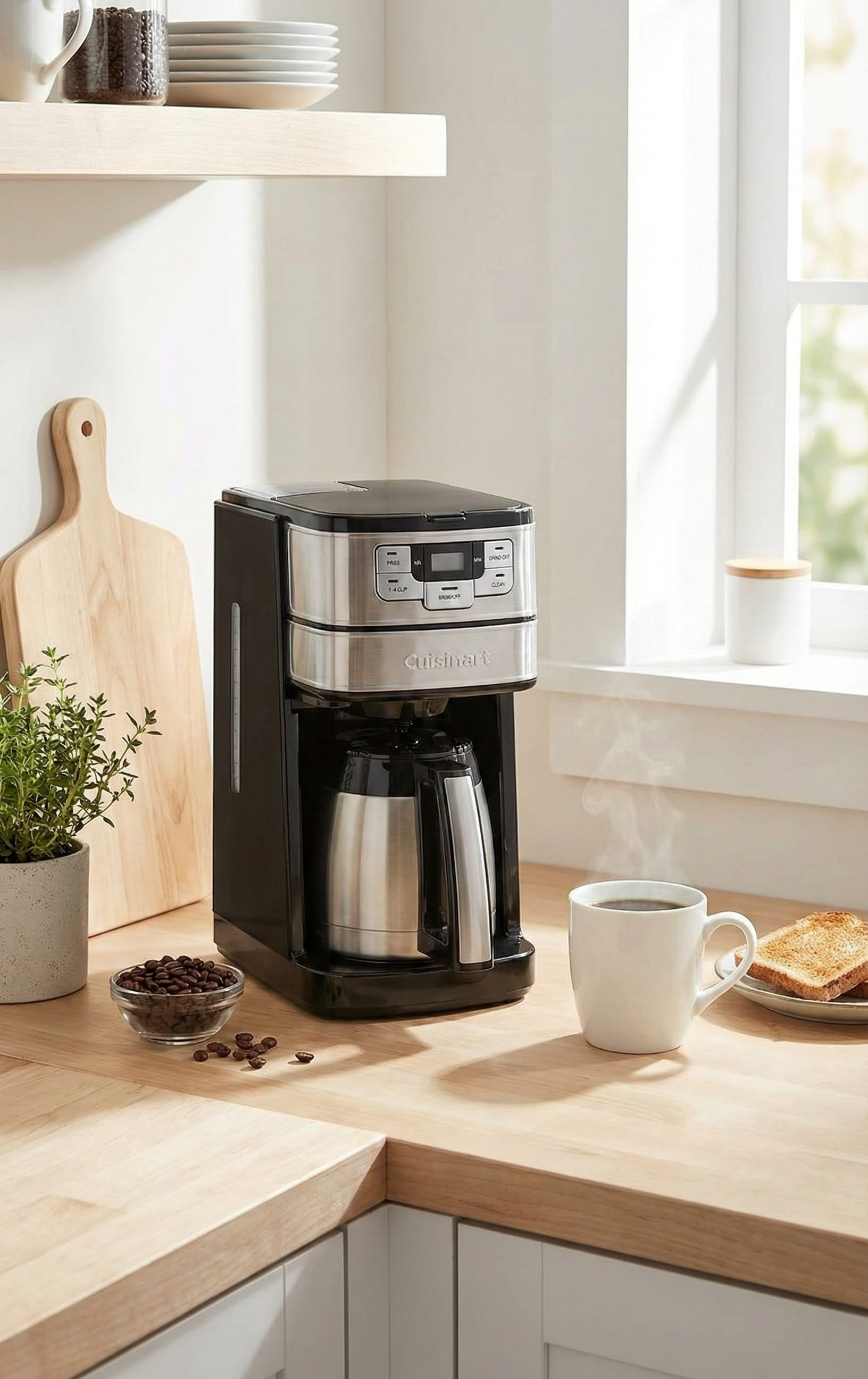 Morning routine with Cuisinart bean-to-cup grind and brew system on kitchen counter, programmable timer wake-up coffee setup