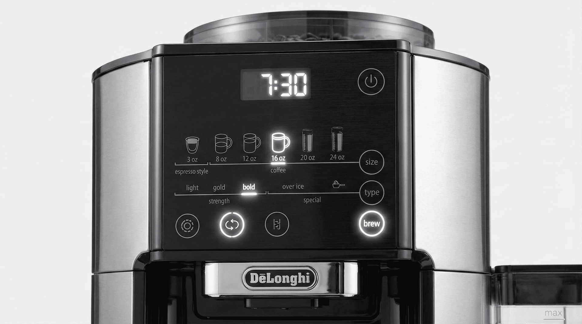 DeLonghi TrueBrew 6 brew styles control panel Light Gold Bold Over Ice pour-over automatic coffee maker