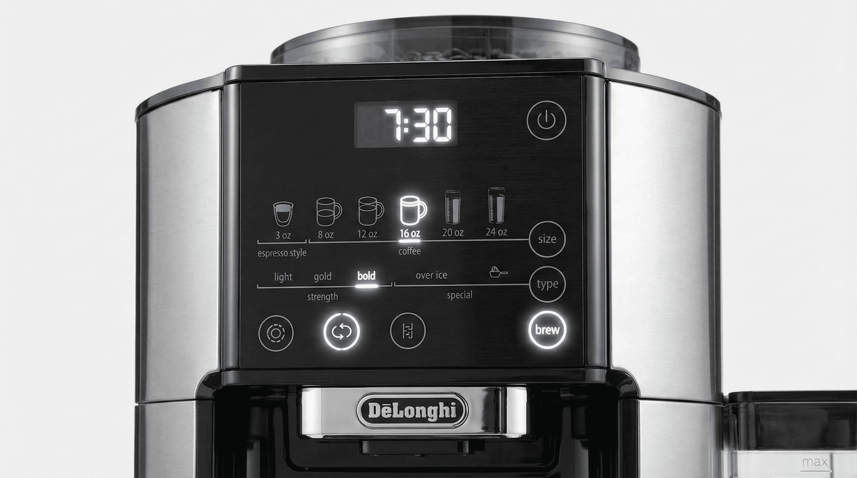 DeLonghi TrueBrew 6 brew styles control panel Light Gold Bold Over Ice pour-over automatic coffee maker