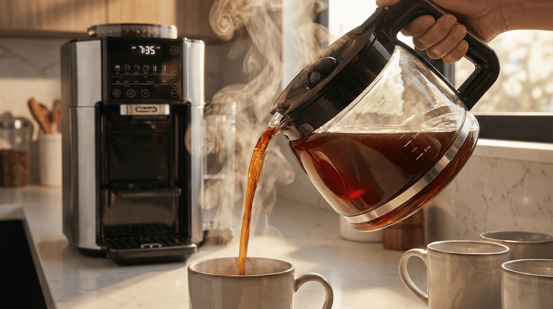 DeLonghi TrueBrew bean-to-cup 10-cup glass carafe pouring fresh automatic drip coffee