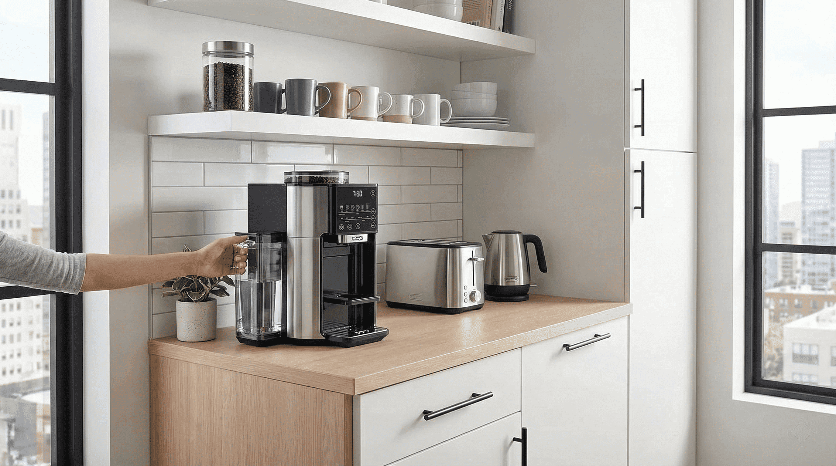 DeLonghi TrueBrew bean-to-cup coffee maker compact design with front-access water tank in apartment kitchen