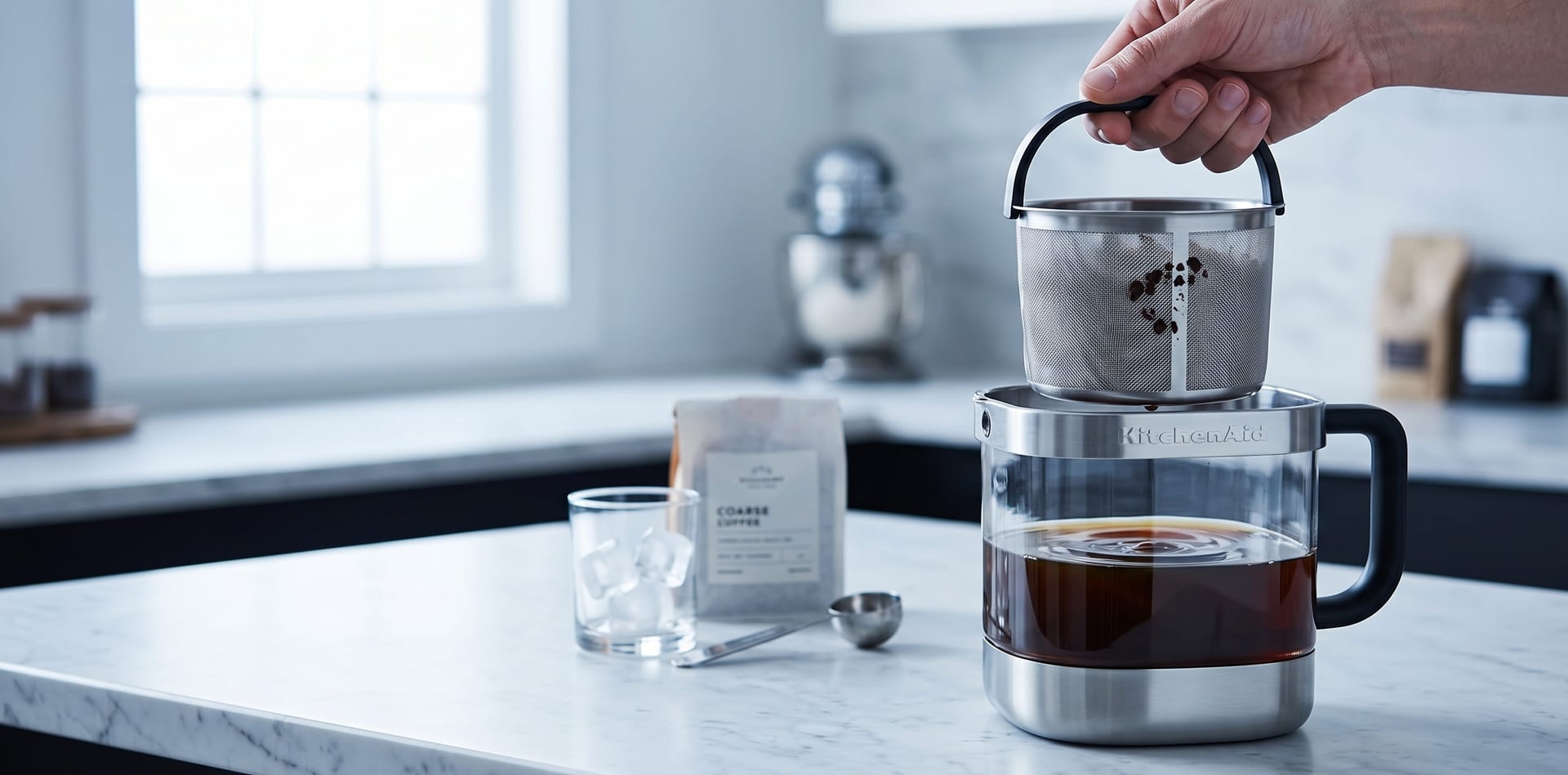KitchenAid cold brew stainless steel mesh filter close-up — fine-mesh filter basket that holds coarse grounds during cold brew steep
