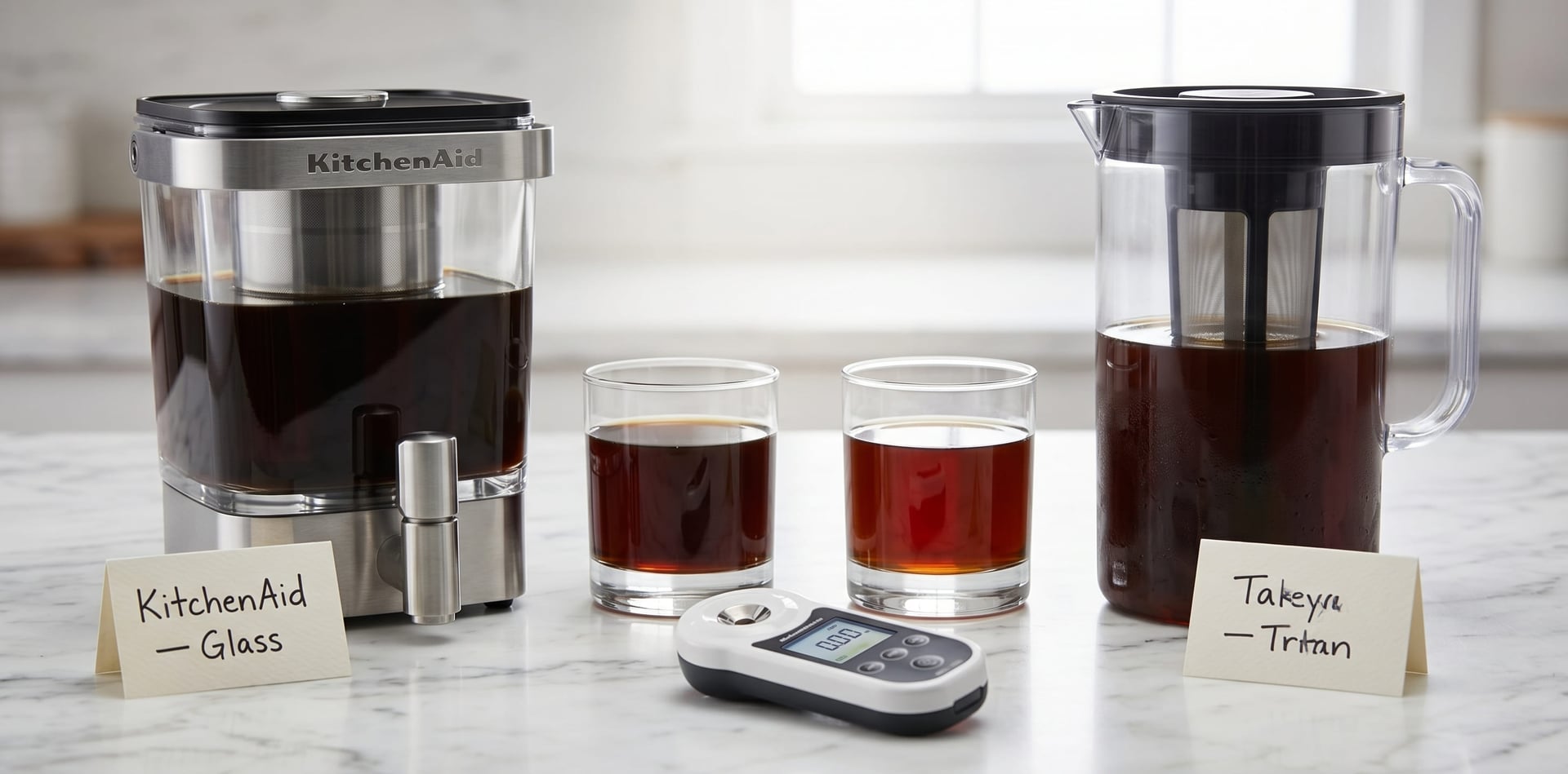 KitchenAid 38 oz cold brew glass carafe side-by-side comparison with Takeya Tritan pitcher — cold brew concentrate color and clarity comparison