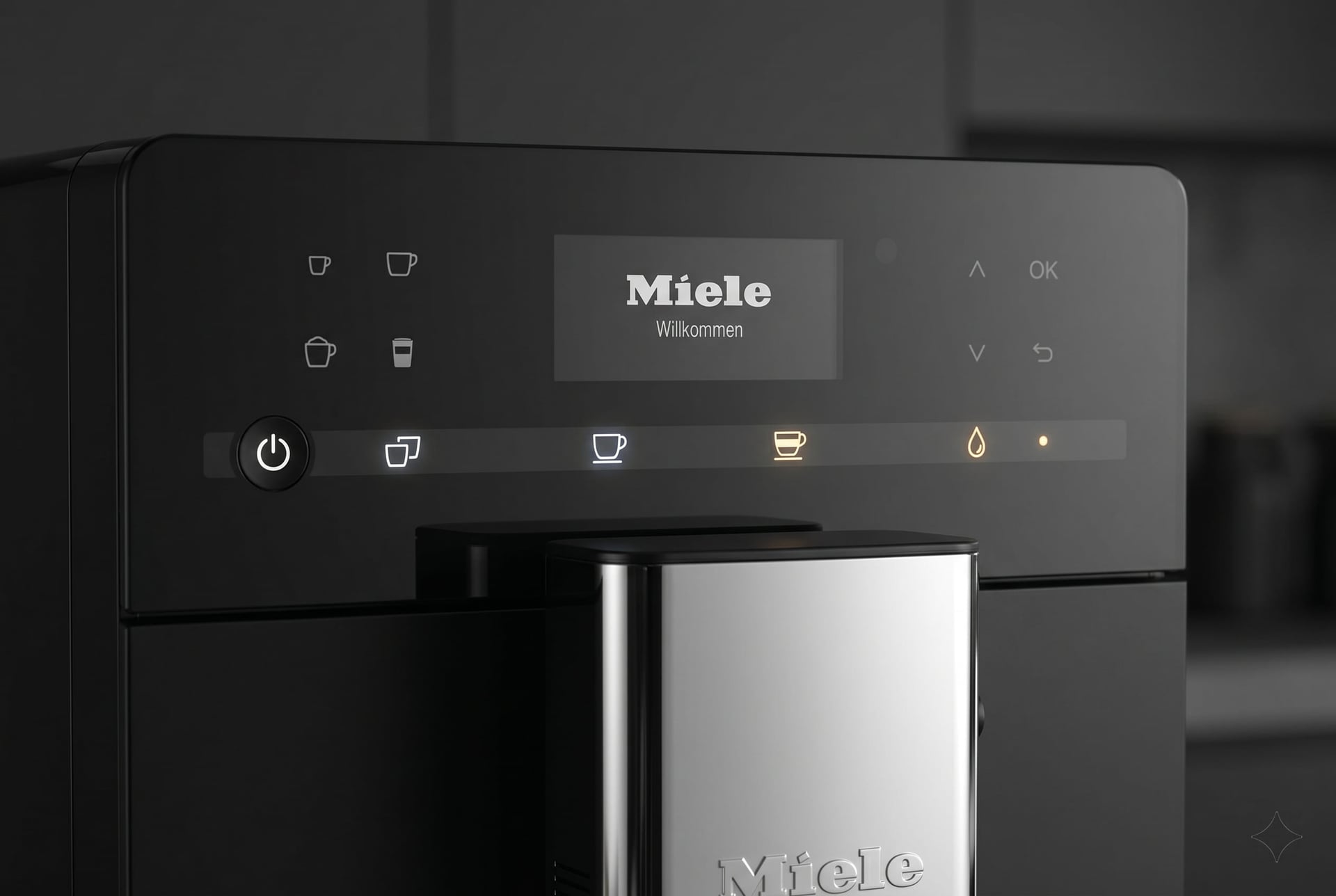 Miele CM 5310 Silence one-touch control panel with intuitive LED icon buttons for espresso coffee and hot water — German engineering minimal design
