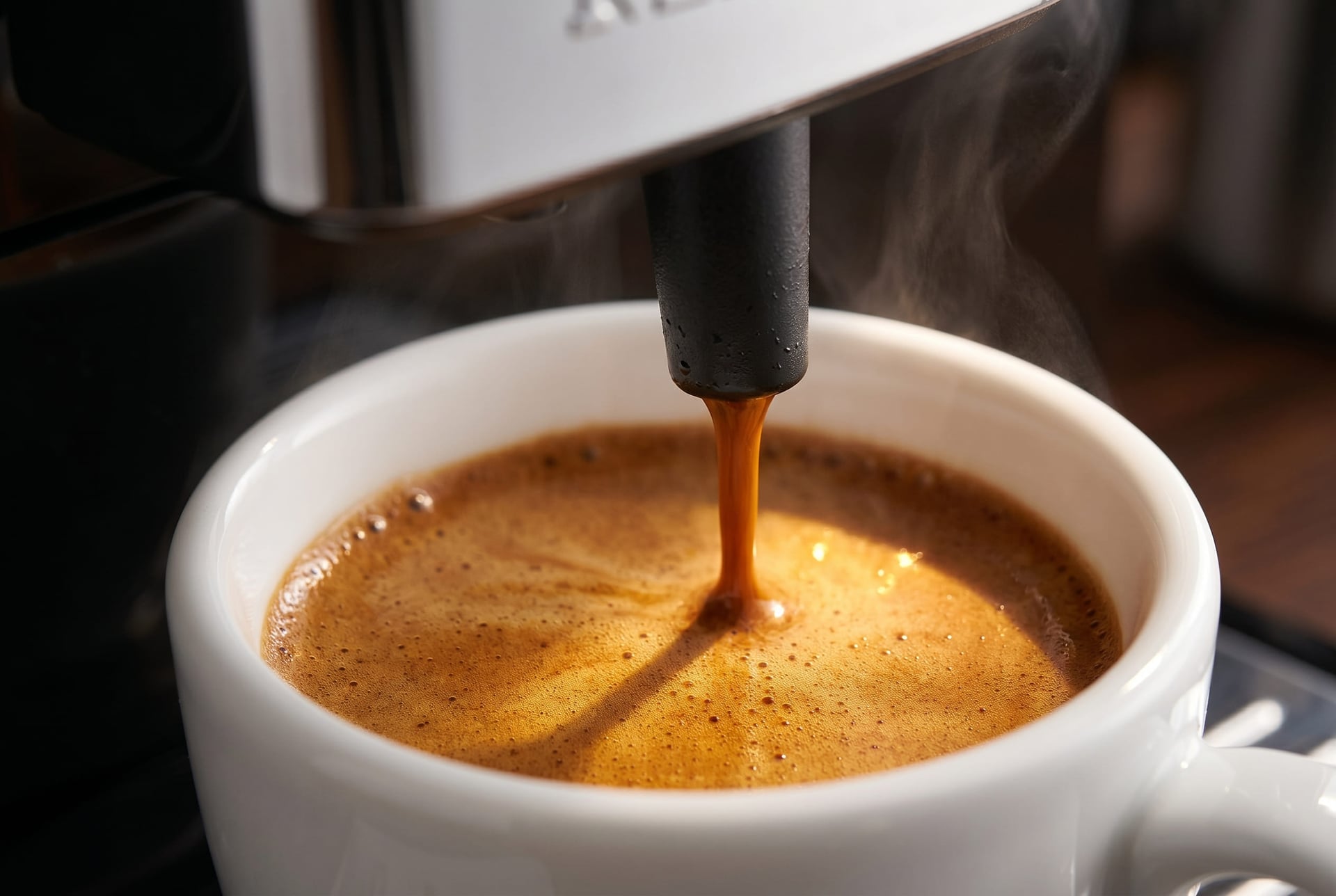 Miele CM 5310 Silence bean-to-cup coffee maker dispensing fresh espresso with golden crema into ceramic demitasse cup at optimal extraction