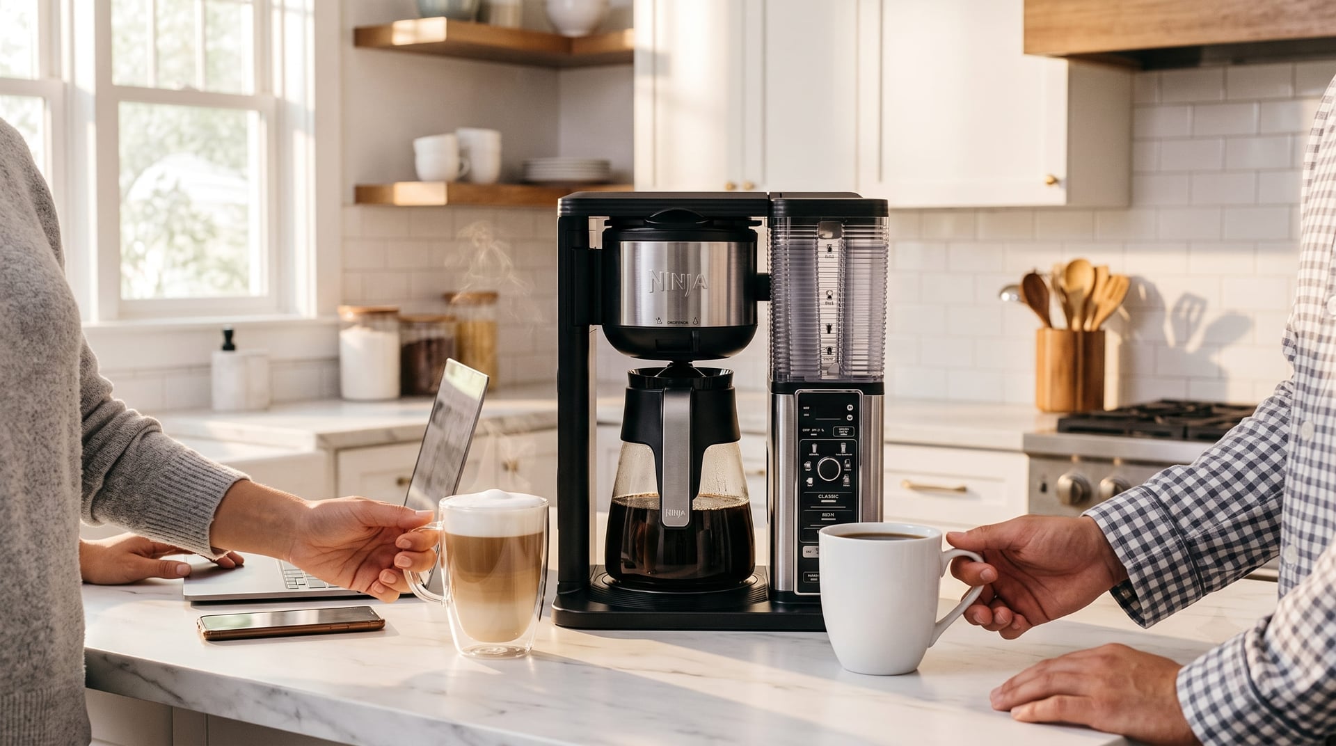 Ninja Specialty Coffee Maker in a bright modern kitchen during morning routine with latte and laptop