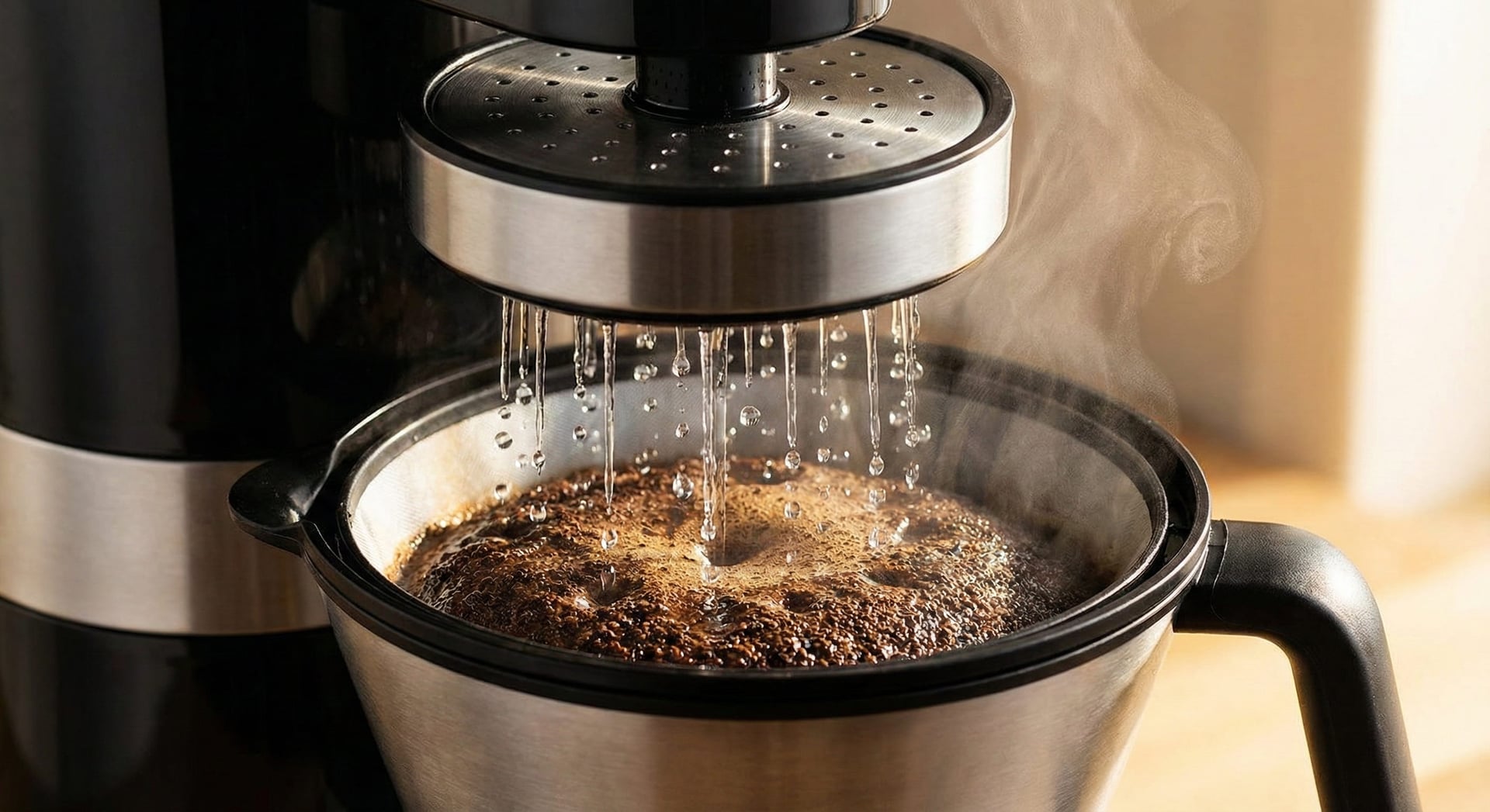 OXO Brew precision brewing rainmaker showerhead distributing water evenly during 45-second bloom cycle for optimal pour-over style extraction