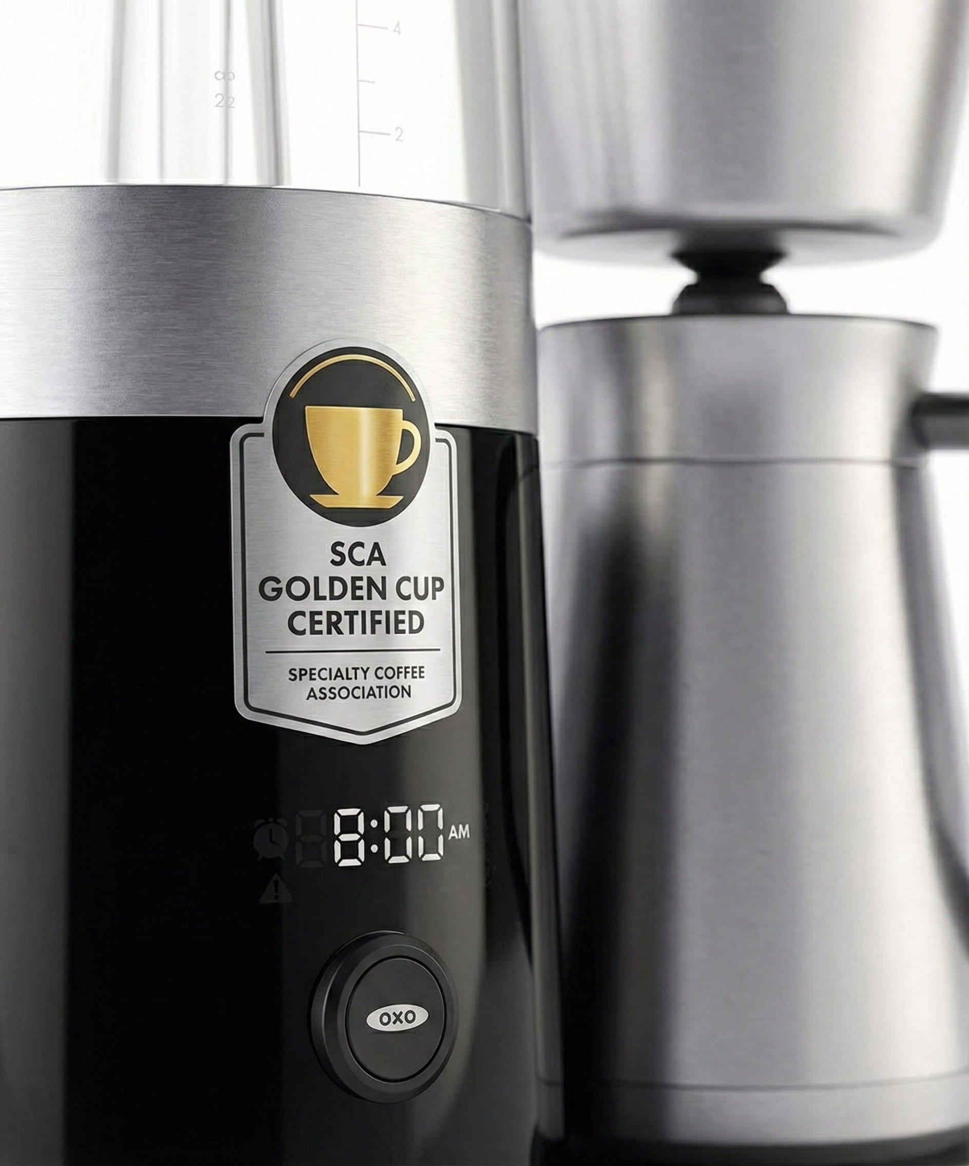 OXO Brew 9-Cup SCA Gold Cup certification badge verifying 197-204°F optimal temperature precision brewing standards
