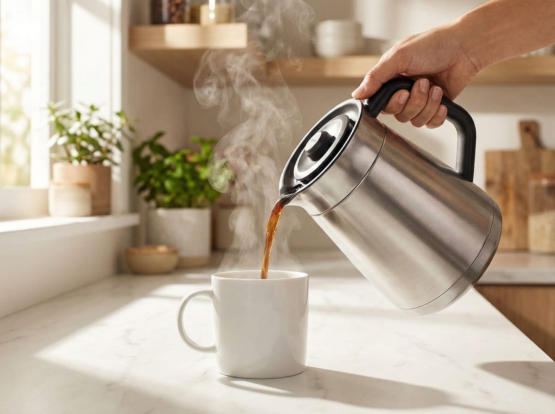 OXO Brew double-wall vacuum-insulated stainless steel thermal carafe pouring hot coffee from SCA-certified brewer