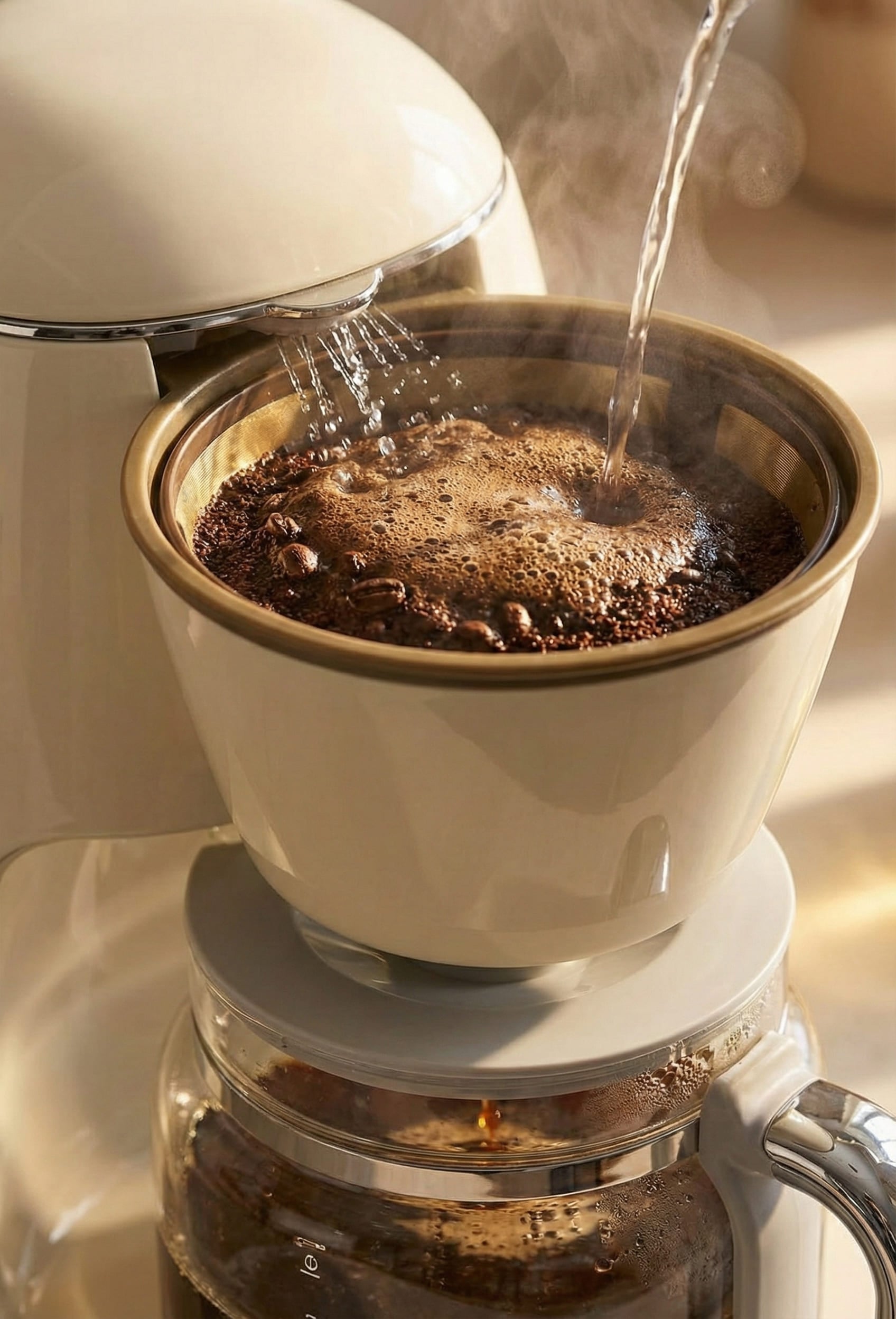 Smeg drip coffee maker brewing hot water over medium-ground specialty coffee beans in permanent gold-tone filter basket with steam rising during extraction