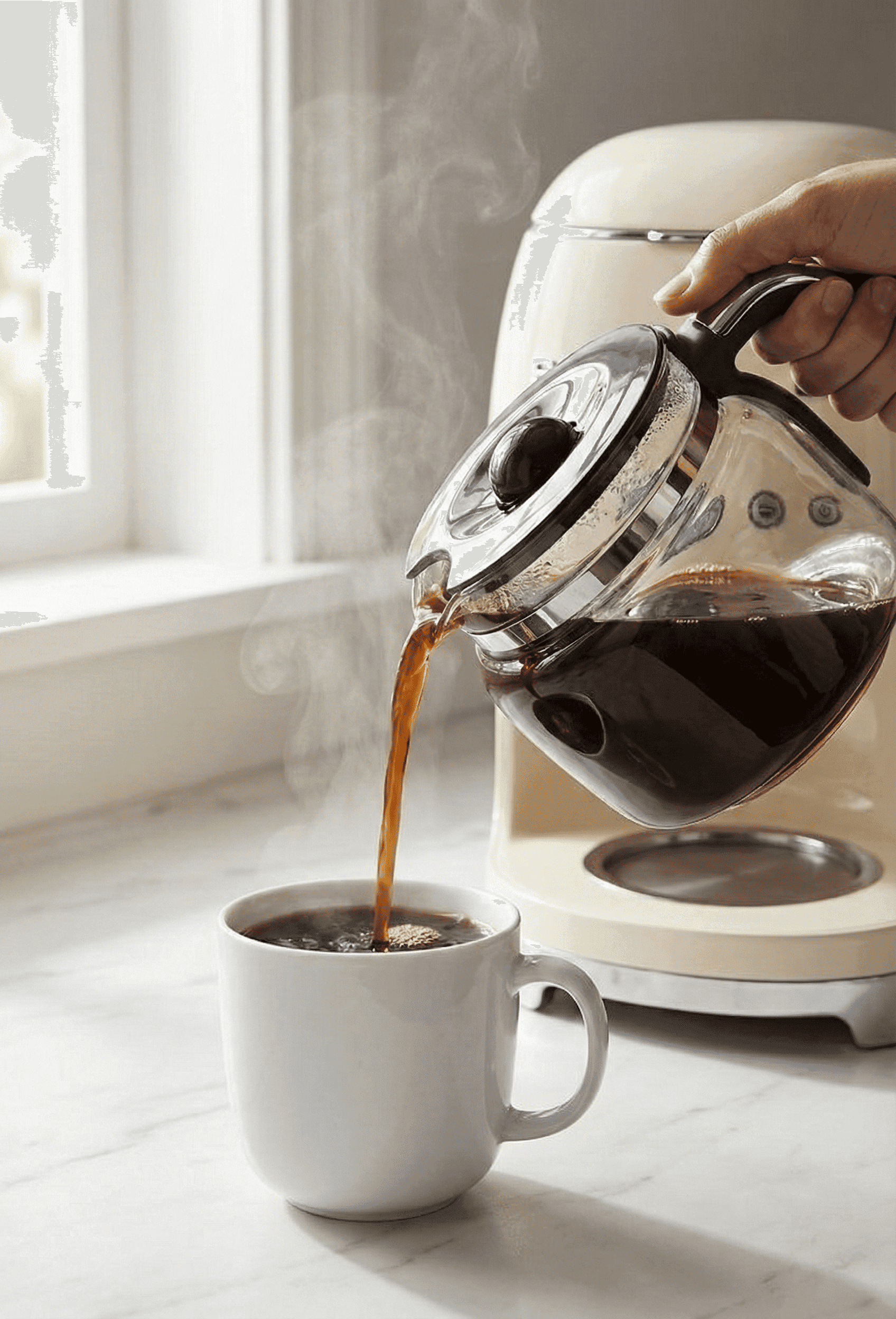 Fresh brewed coffee pouring from Smeg 10-cup glass carafe with comfort-grip handle and anti-drip spout onto warming plate maintaining serving temperature