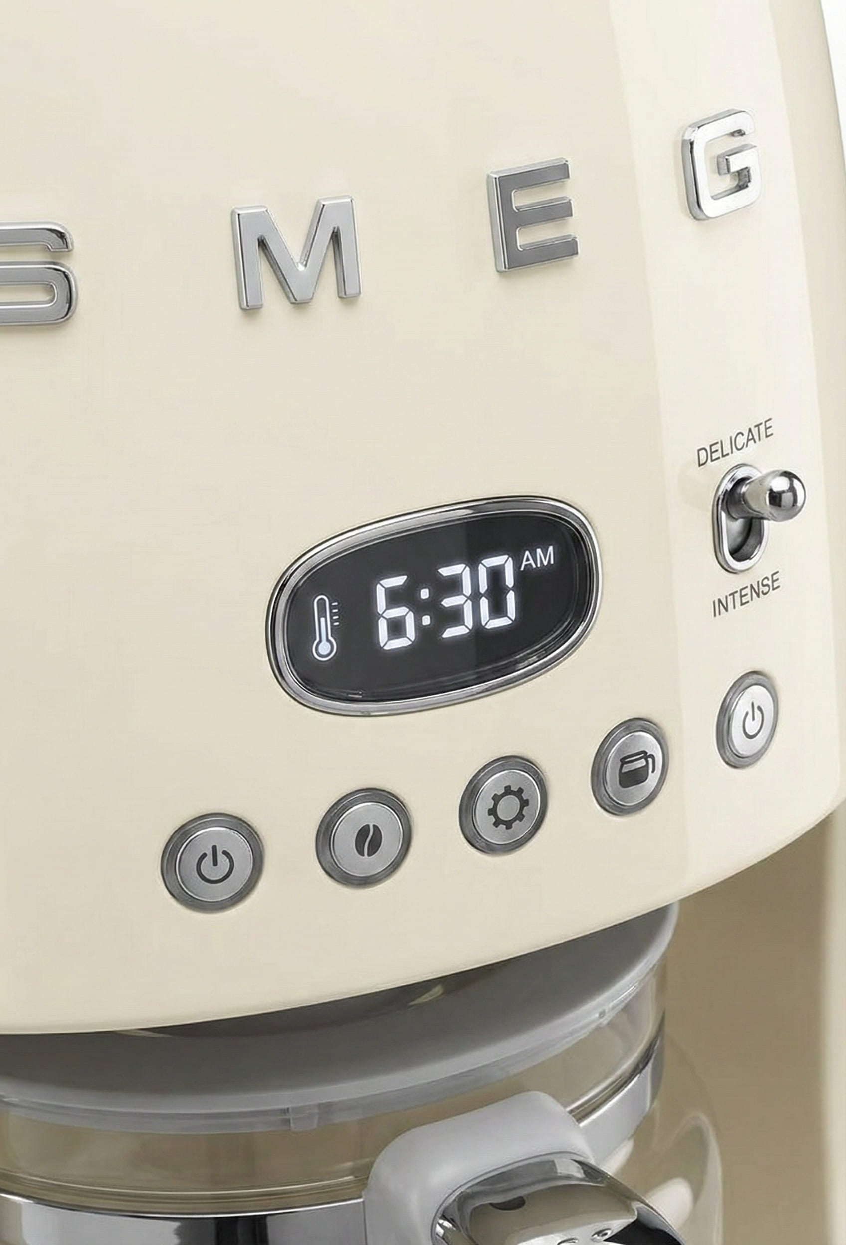 Smeg DCF02CRUS backlit LED display showing programmable timer and 4-button interface with aroma intensity selector for customizable drip brewing strength