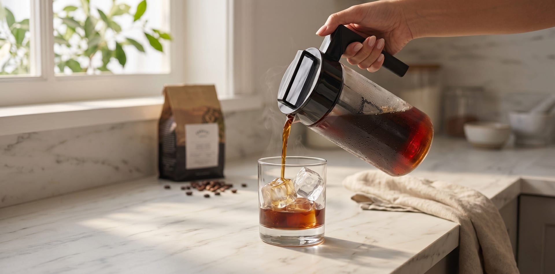 Smooth cold brew coffee concentrate pouring from Takeya Tritan pitcher into glass with ice — no sediment from fine-mesh filter design