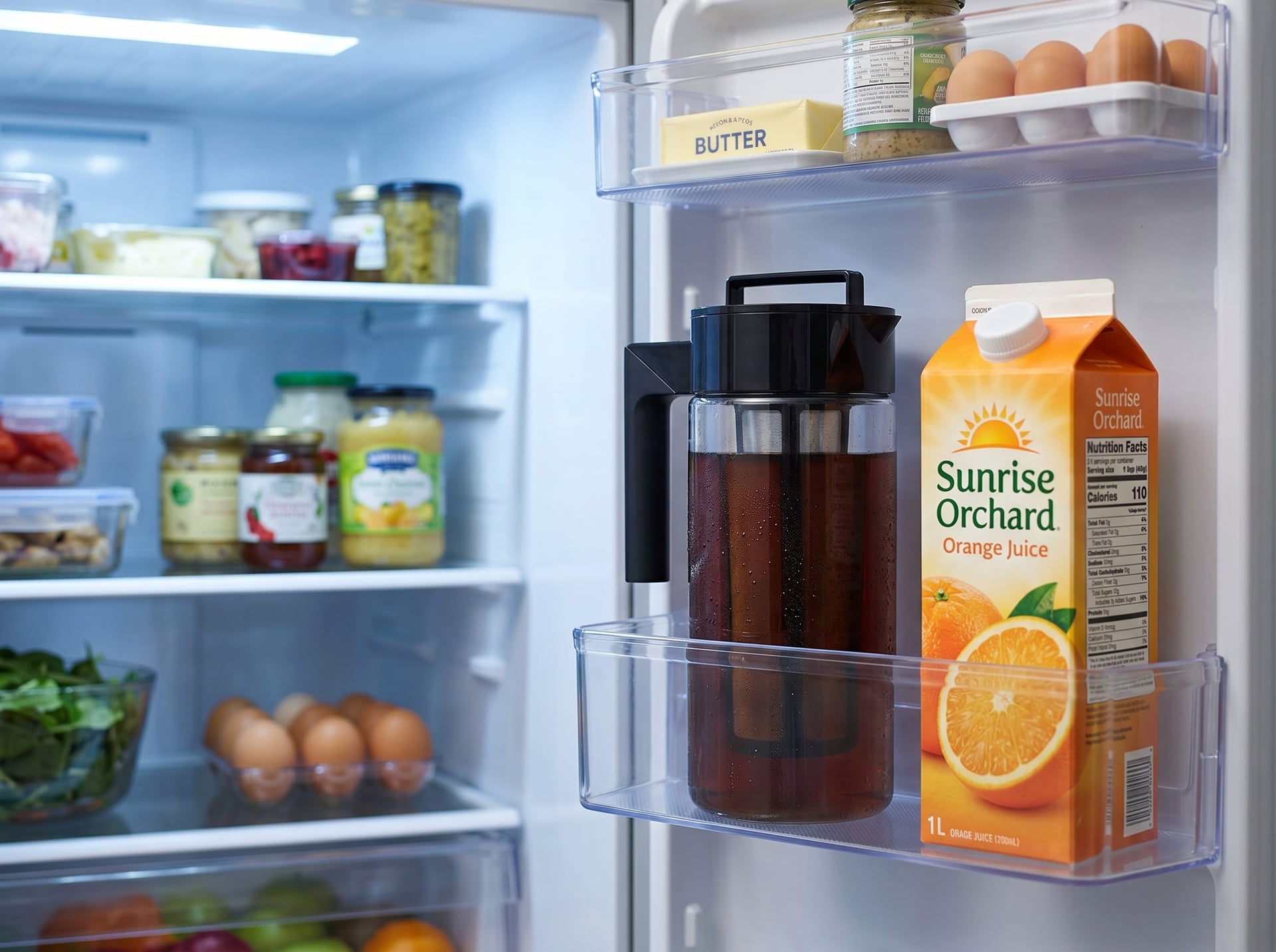 Takeya Tritan cold brew pitcher stored upright in refrigerator door — compact slim profile fits standard fridge shelves during 24-hour steep