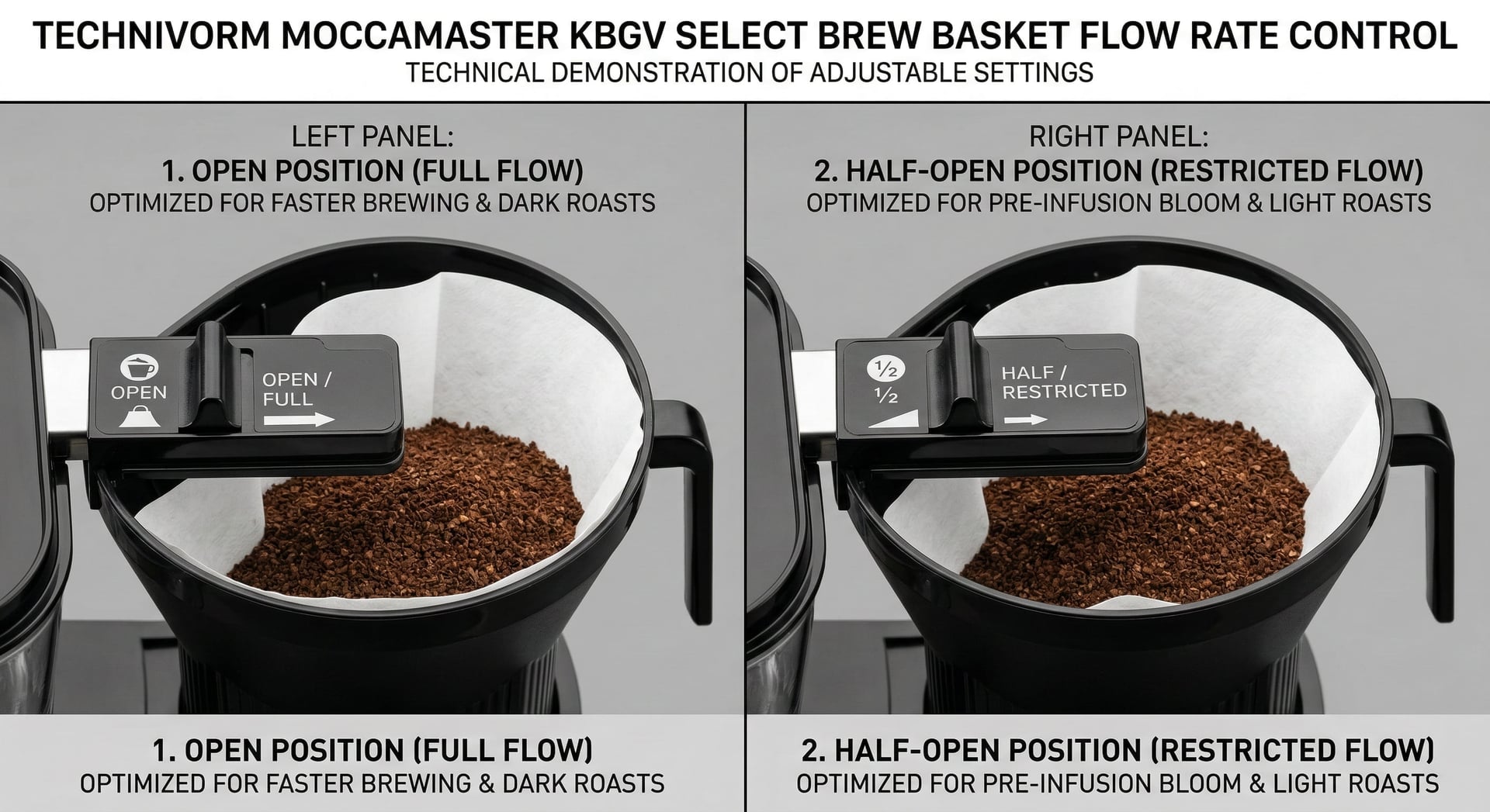 Technivorm Moccamaster KBGV Select adjustable brew basket flow rate switch showing open and half-open positions for bloom pre-infusion and full-batch brewing control