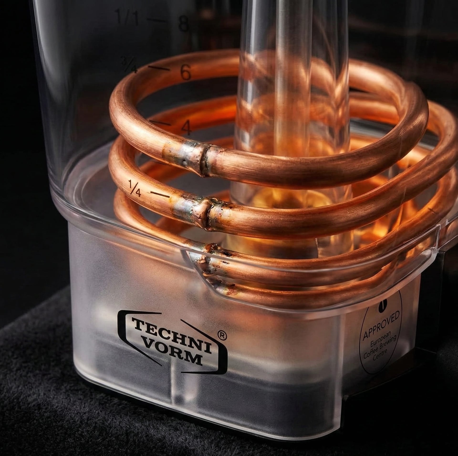 Close-up of Technivorm Moccamaster internal copper boiling element — the hand-soldered Dutch component responsible for SCA-certified 196–205°F brew temperatures