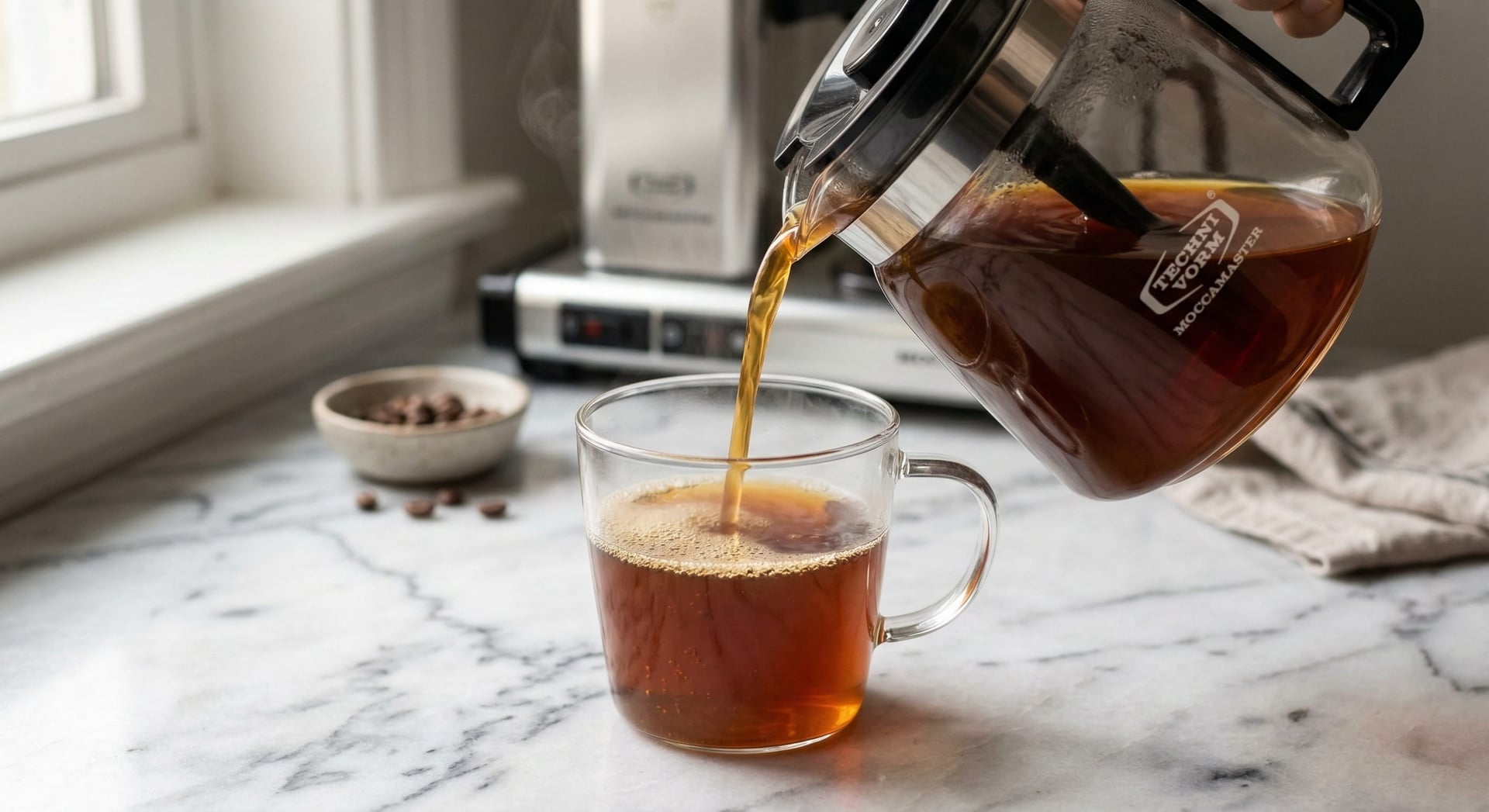 Pouring freshly brewed specialty coffee from Technivorm Moccamaster glass carafe — golden crema visible on surface indicating proper SCA Gold Cup extraction temperature