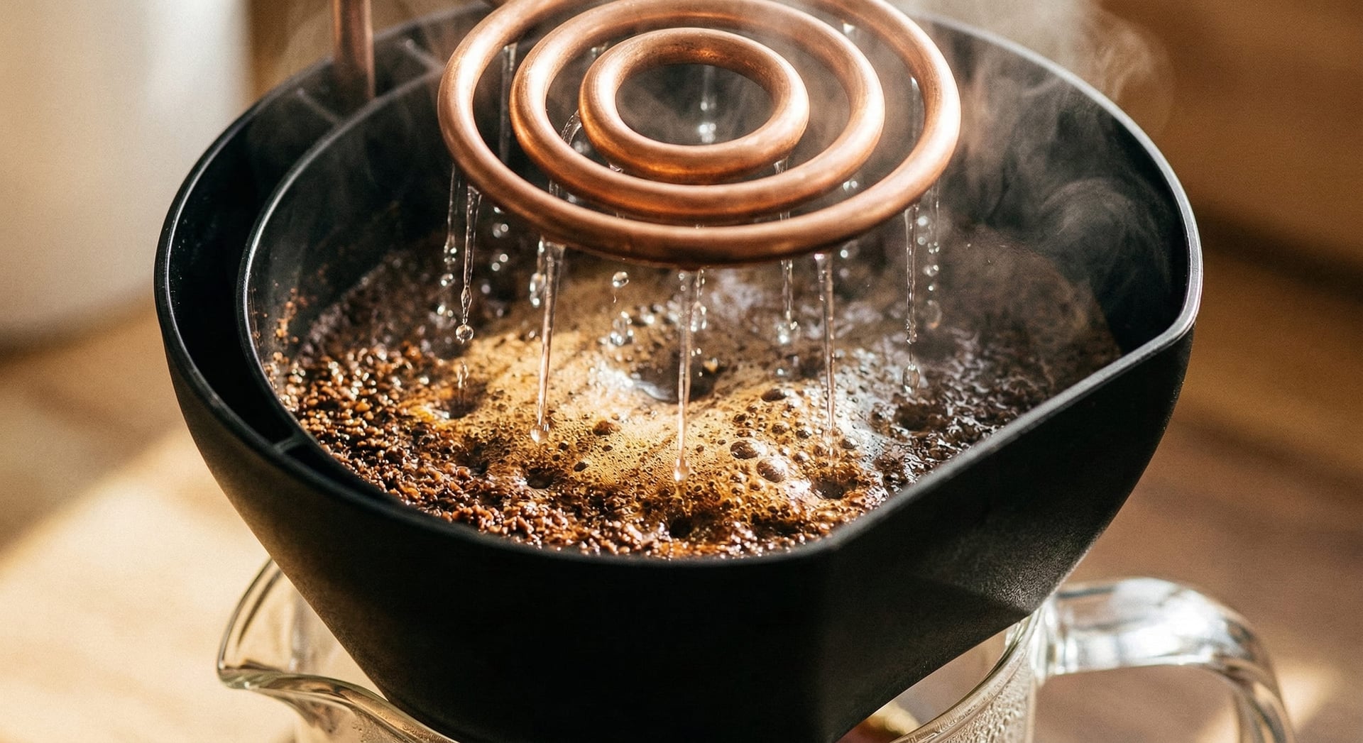 Technivorm Moccamaster spiral showerhead distributing hot water evenly over freshly ground specialty coffee in half-moon filter basket during bloom phase