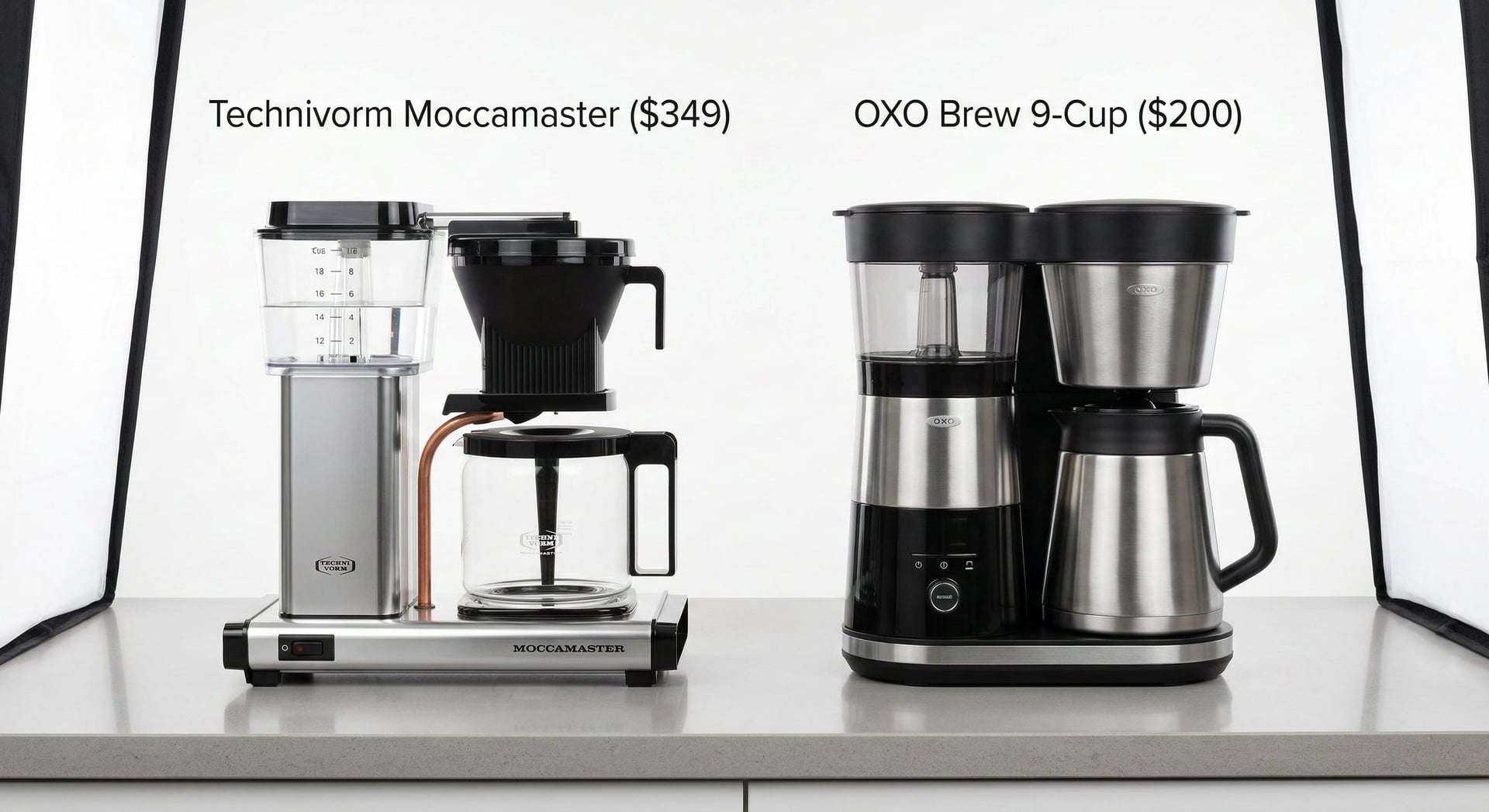 Side-by-side comparison of Technivorm Moccamaster KBGV versus OXO Brew 9-Cup coffee maker on kitchen countertop showing build quality and design differences