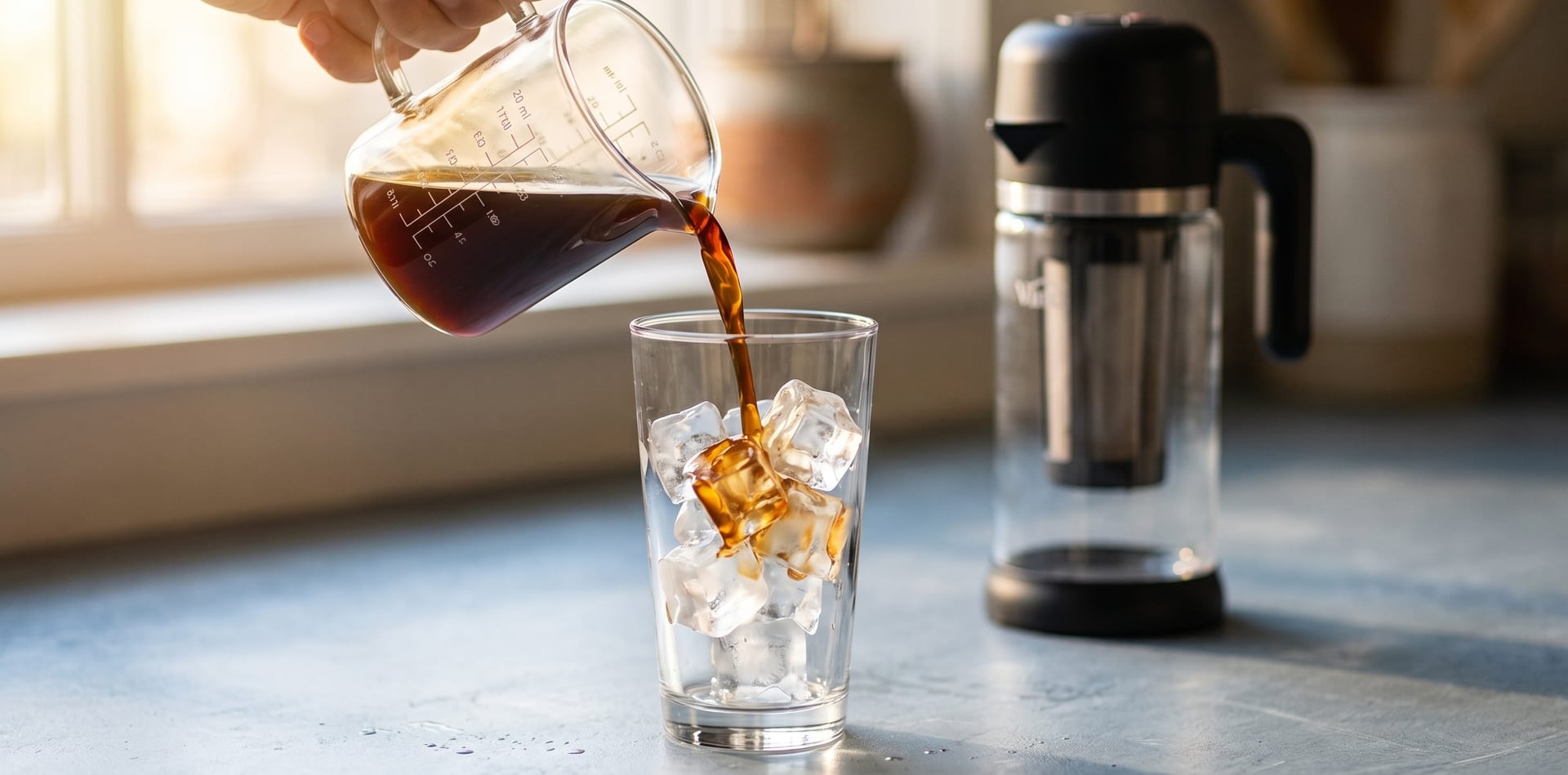 VINCI Express rapid cold brew concentrate pouring into glass over ice — smooth cold brew made in under 5 minutes with electric aeration technology
