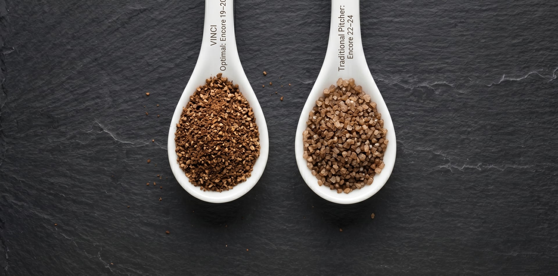 Ground coffee grind size comparison for VINCI cold brew maker — medium-coarse Baratza Encore setting 18-20 next to traditional cold brew coarse grind