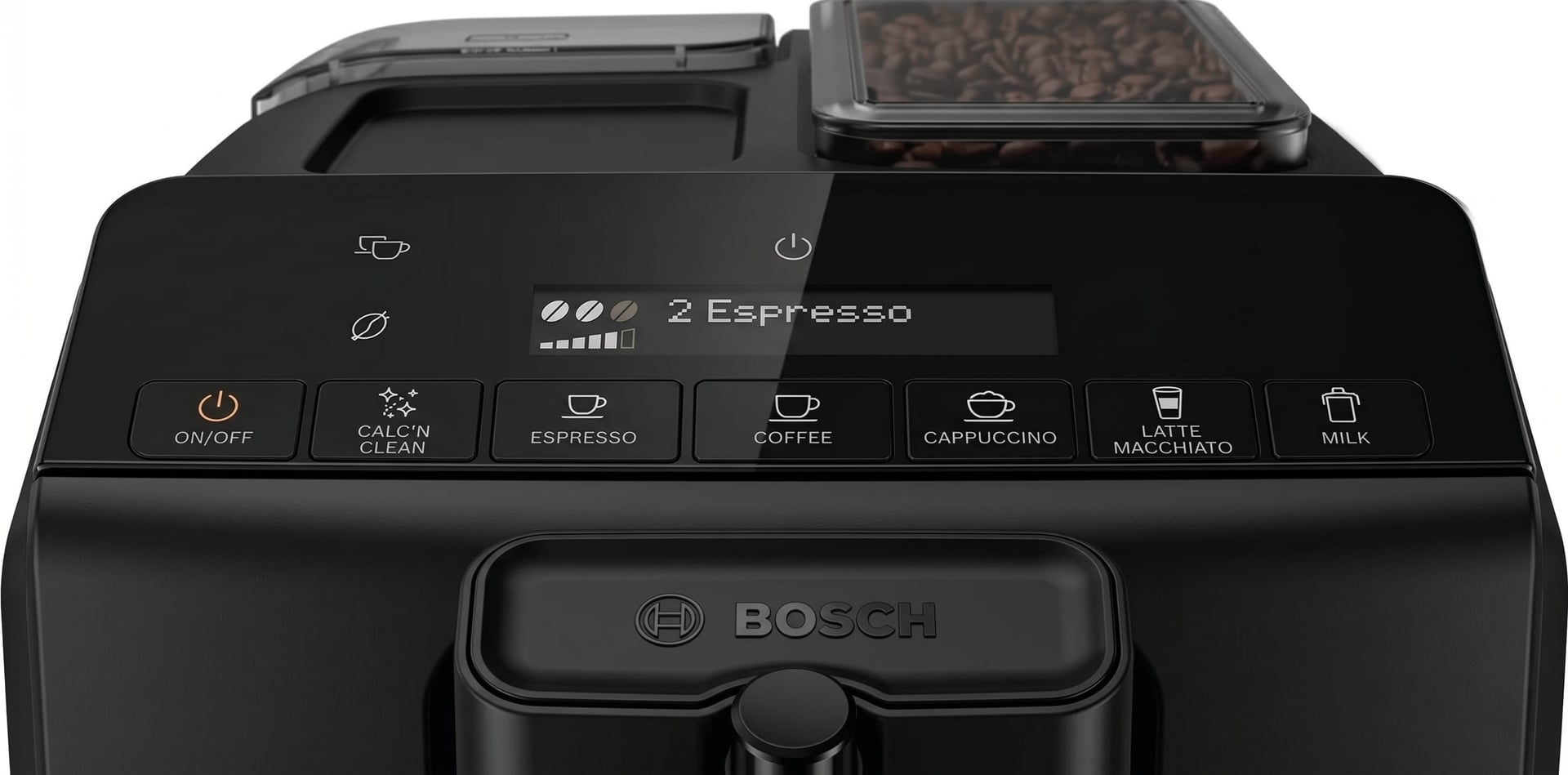 Bosch fully automatic espresso machine one-touch control panel showing drink selection buttons for espresso, coffee, cappuccino and latte