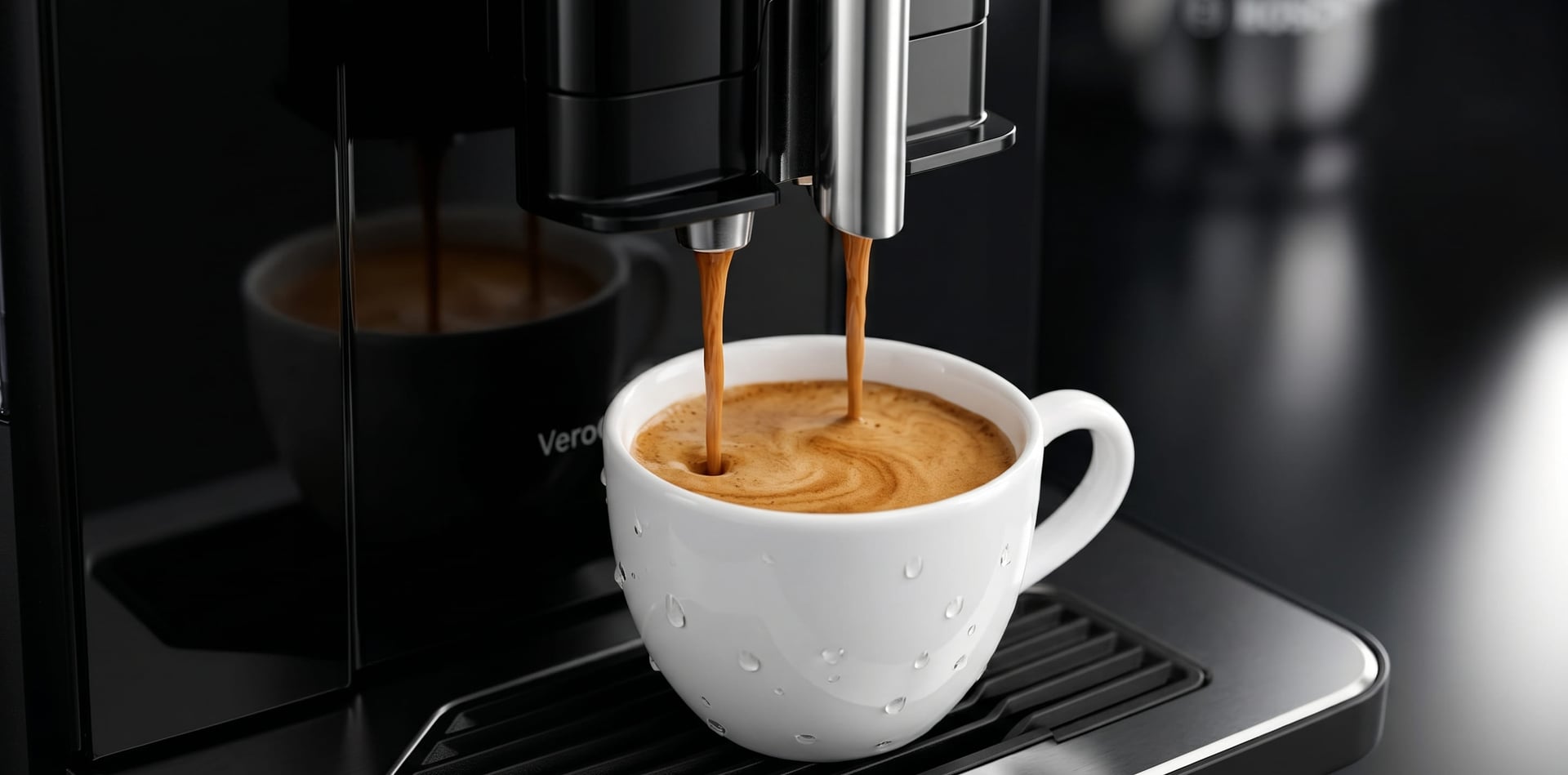 Bosch super automatic espresso machine pulling a double espresso shot with hazelnut-coloured crema into a ceramic demitasse cup