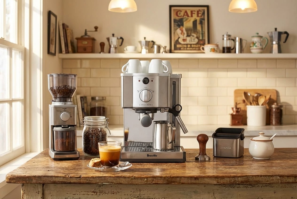 Breville Cafe Roma dual-wall filters training wheels pressurized baskets beginner espresso extraction crema production