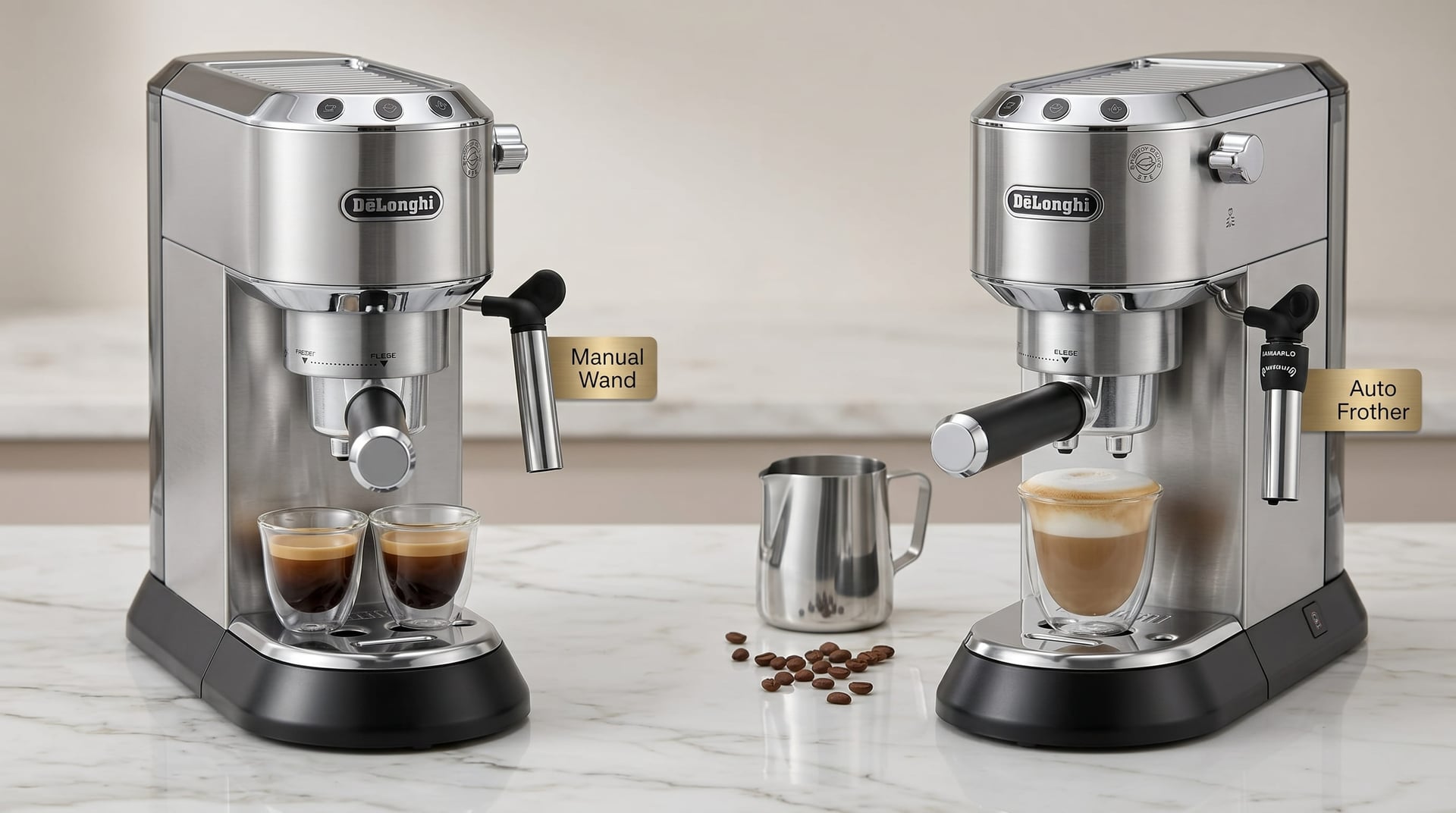 De'Longhi Dedica EC680M vs EC685 comparison manual steam wand vs panarello auto frother side by side