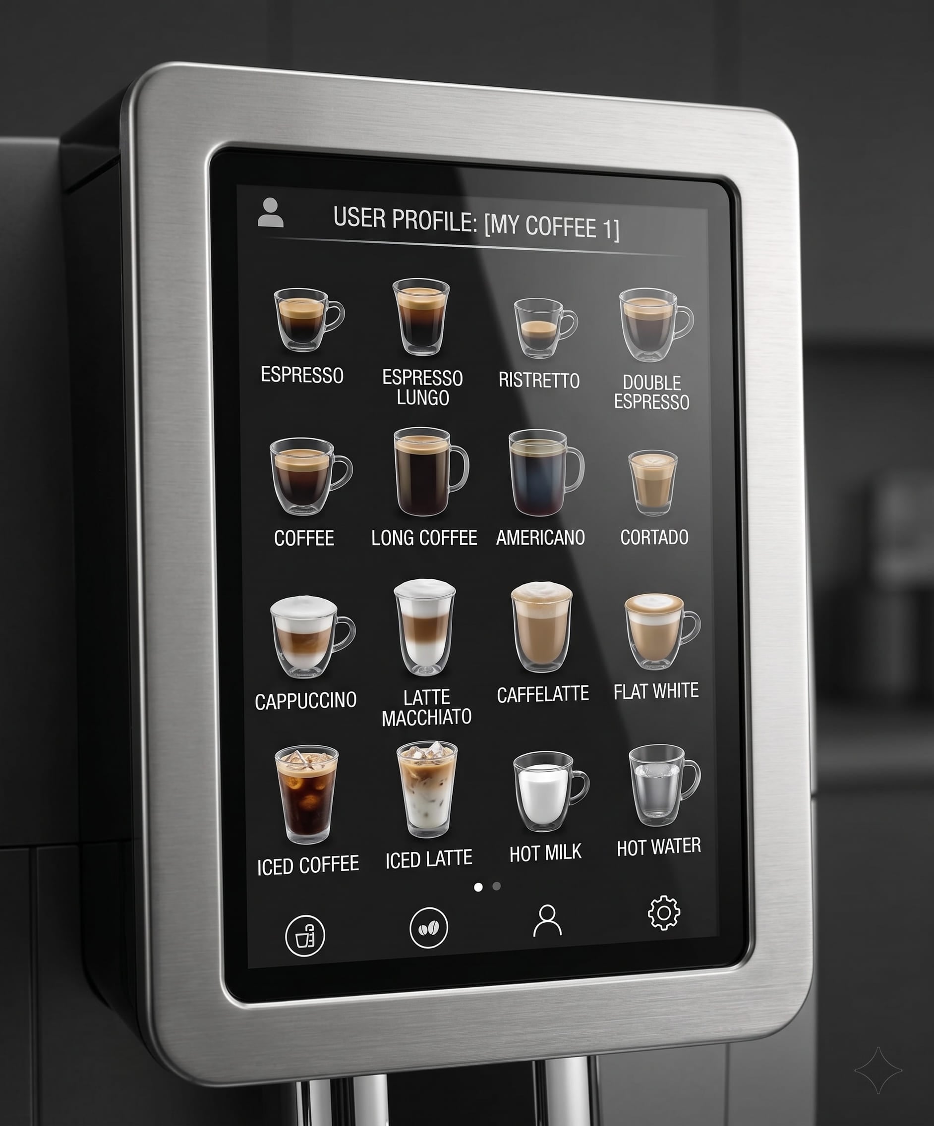 De'Longhi Dinamica Plus 3.5-inch TFT color display showing 16 one-touch drink menu — delonghi dinamica one touch ease of use with user profiles review