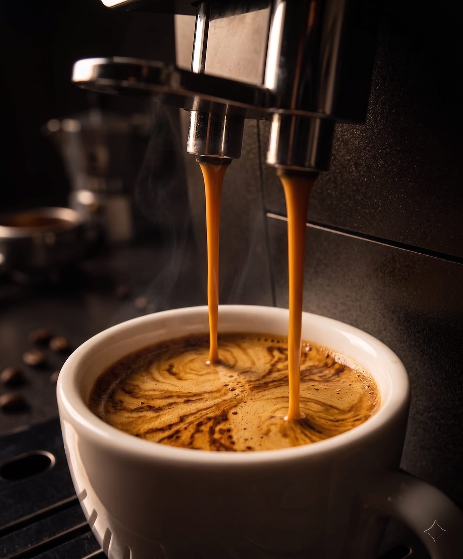 De'Longhi Dinamica Plus one-touch espresso extraction into double espresso cup showing crema — delonghi dinamica automatic espresso quality after grind calibration