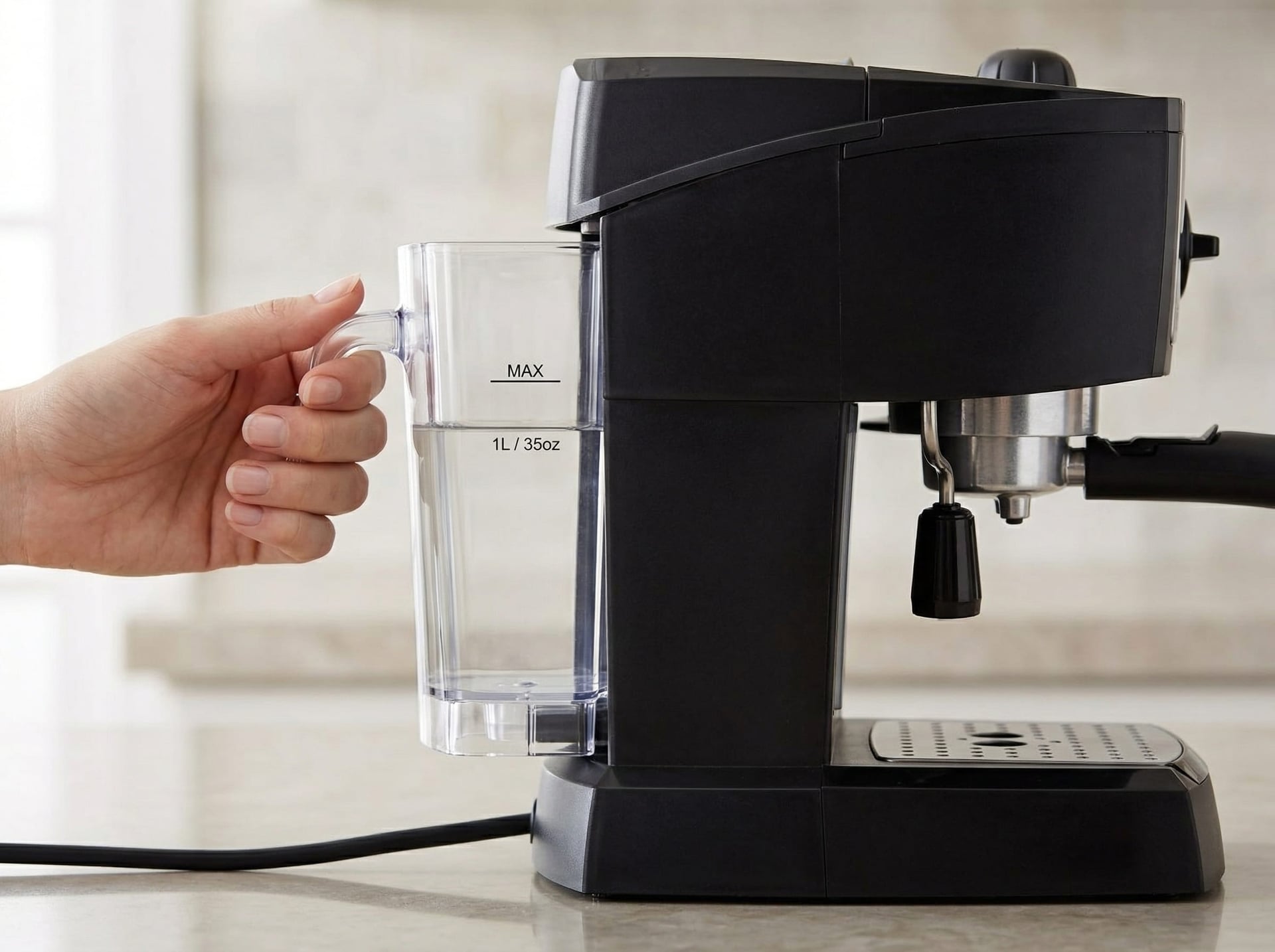 DeLonghi EC155 35oz removable water tank side view budget espresso machine kitchen counter small footprint