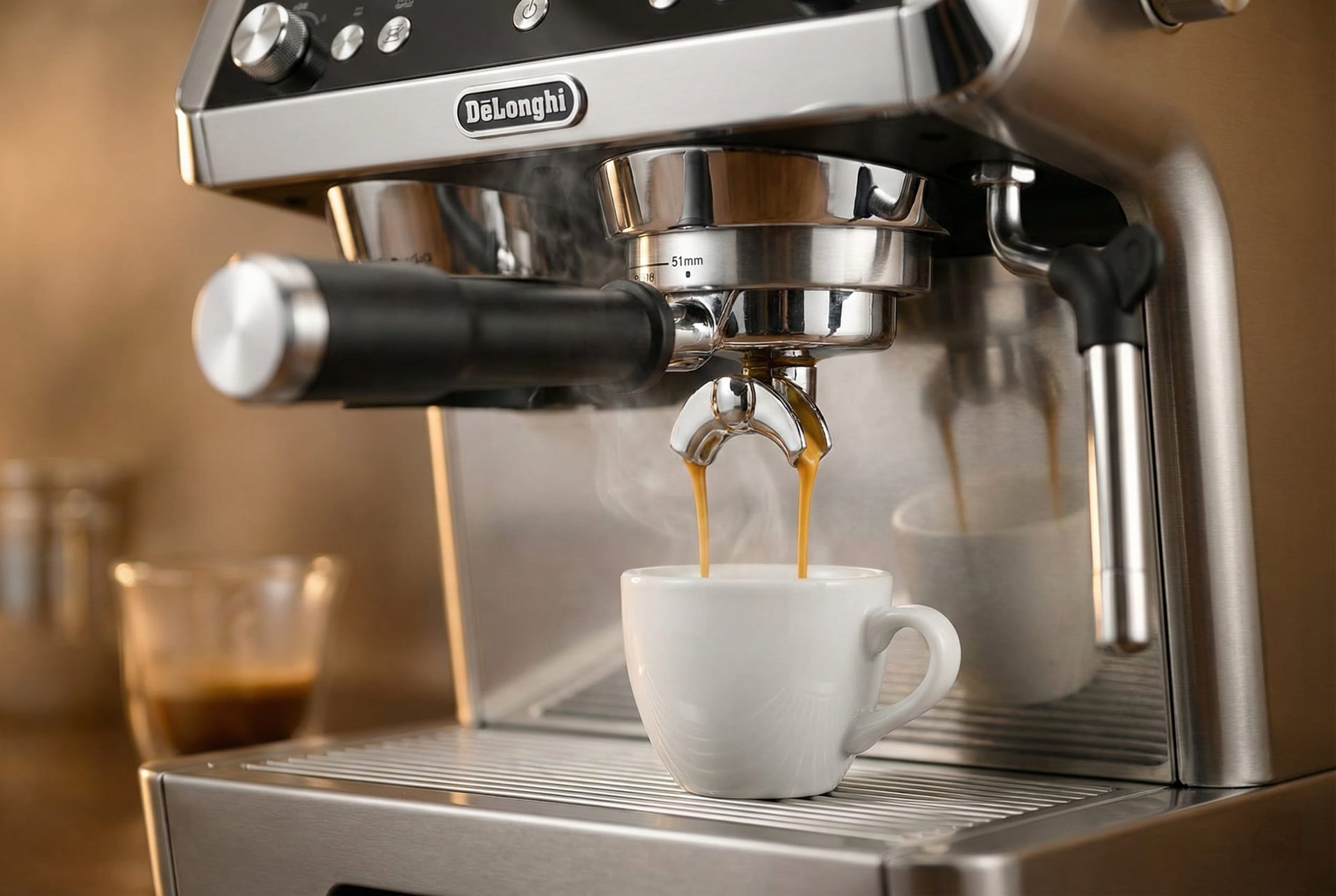 Prestigio dual thermoblock extraction showing rich crema, 9-bar pressure, precise temp control vs Bambino Plus