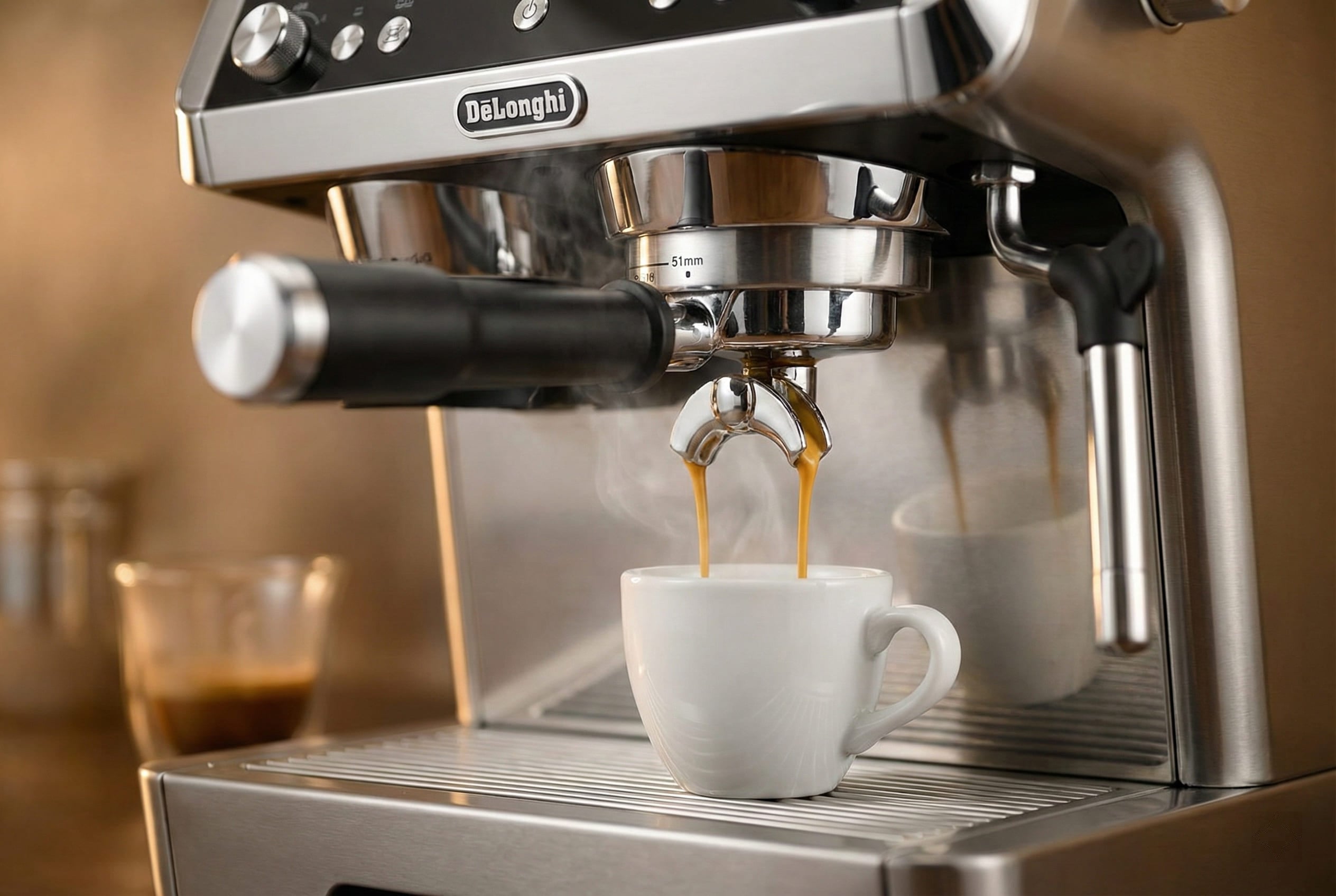 Prestigio dual thermoblock extraction showing rich crema, 9-bar pressure, precise temp control vs Bambino Plus