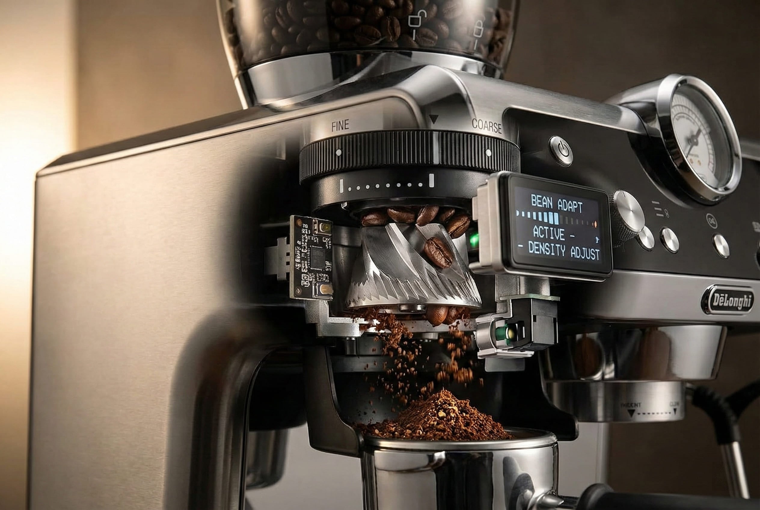 Bean Adapt sensor grinding tech measuring bean density, moisture, oil levels for optimal grind vs Opera/Arte