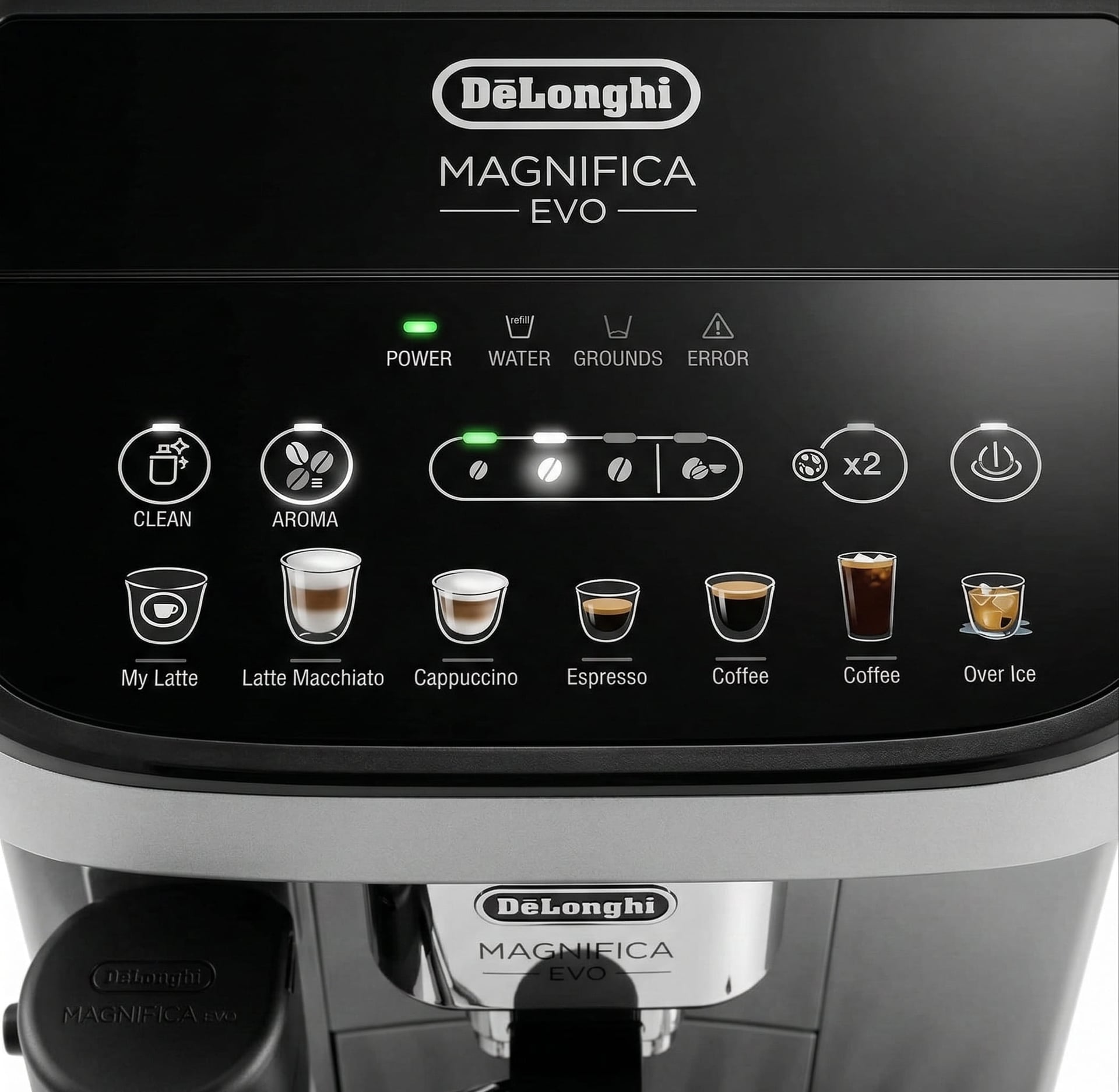 De'Longhi Magnifica Evo front control panel with aroma button, coffee strength selector, and cup size settings — ease of use review