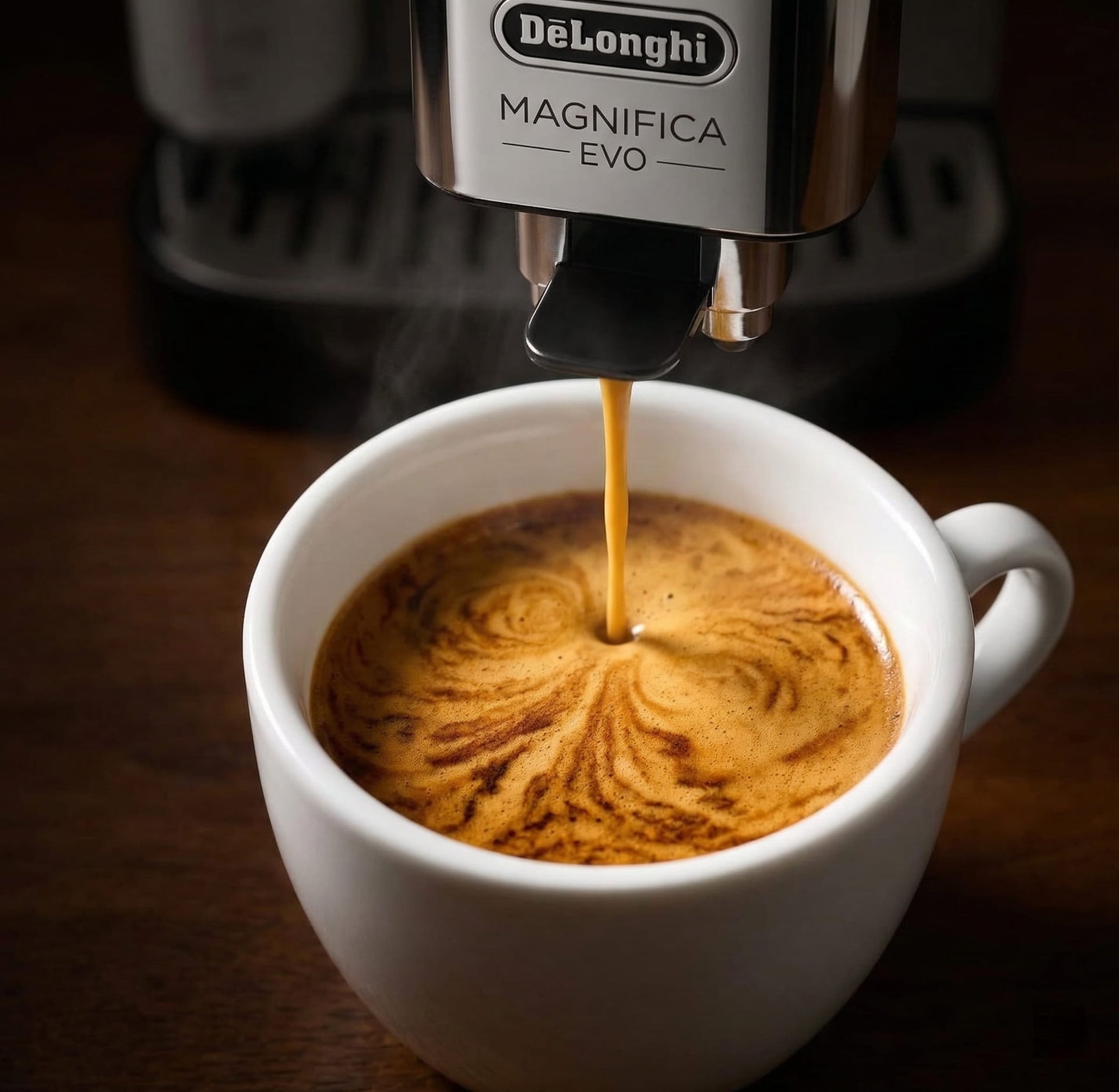 De'Longhi Magnifica Evo bean-to-cup espresso extraction into double espresso cup — crema quality and shot consistency after grind calibration