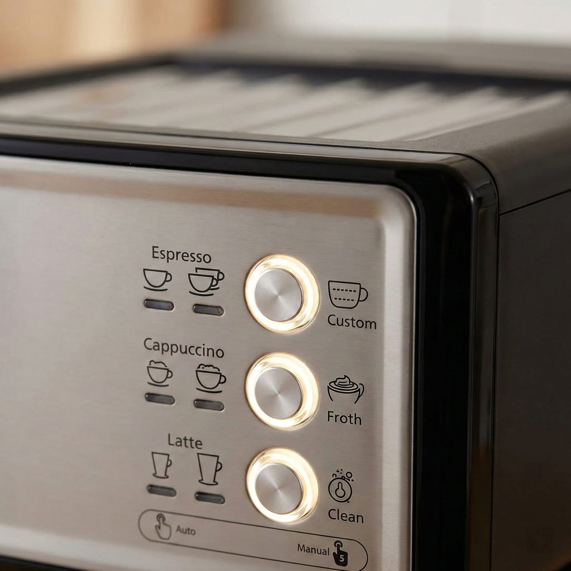 Mr. Coffee Cafe Barista one-touch control panel with beginner-friendly espresso and cappuccino buttons