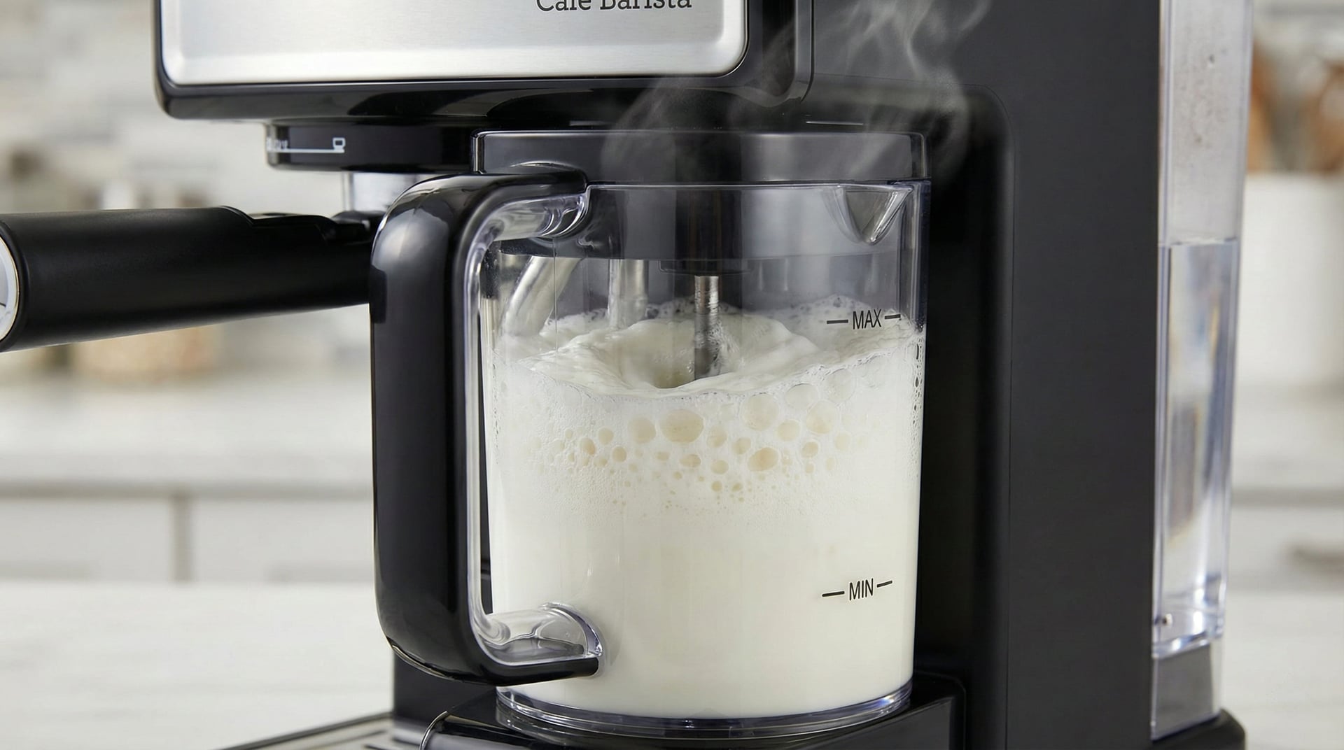 Mr. Coffee Cafe Barista automatic milk frother system creating coarse macrofoam for cappuccinos and lattes