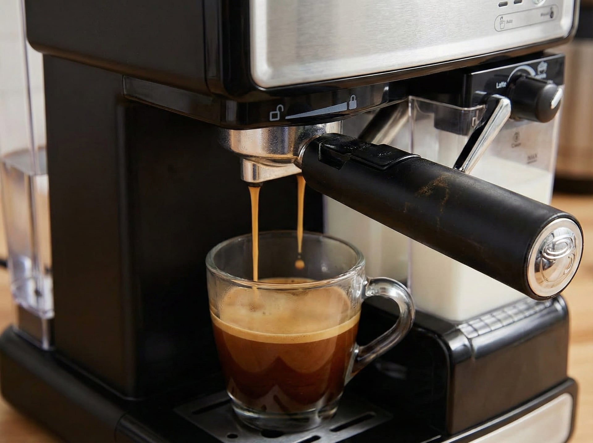 Mr. Coffee Cafe Barista pressurized portafilter extracting espresso shot with thin crema layer