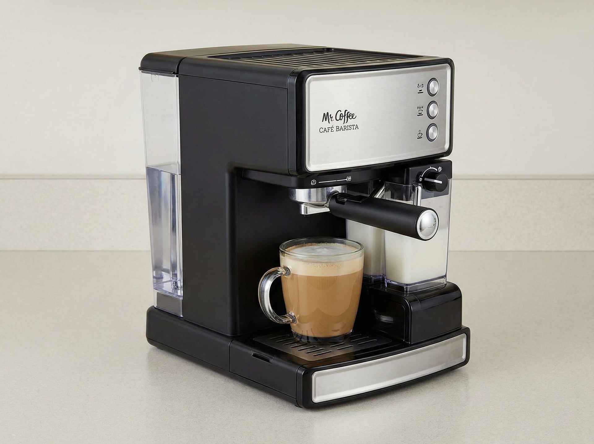 Mr. Coffee Cafe Barista compact setup with 32-ounce water reservoir and removable drip tray
