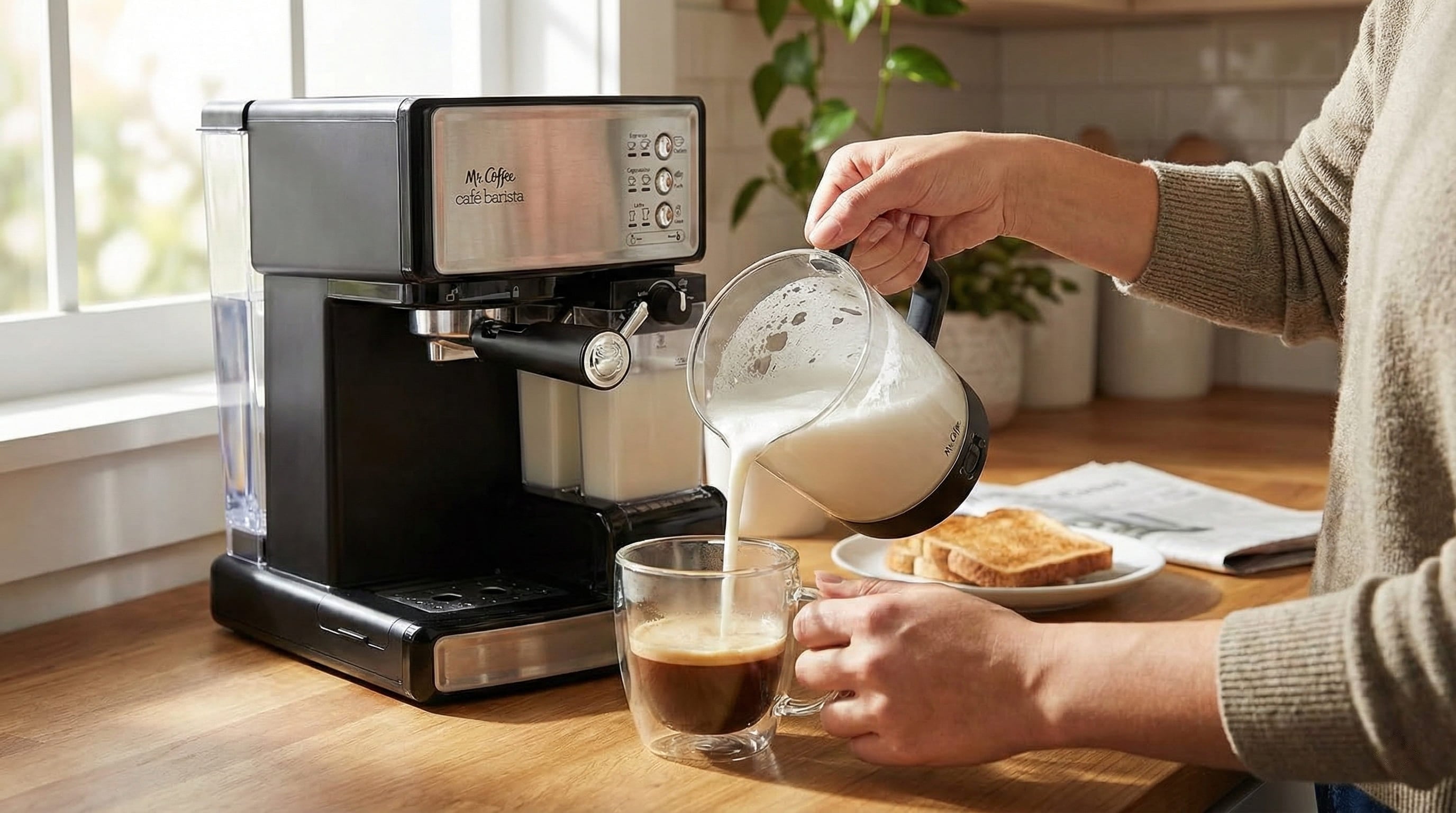 Mr. Coffee Cafe Barista preparing budget-friendly latte with automatic frothed milk