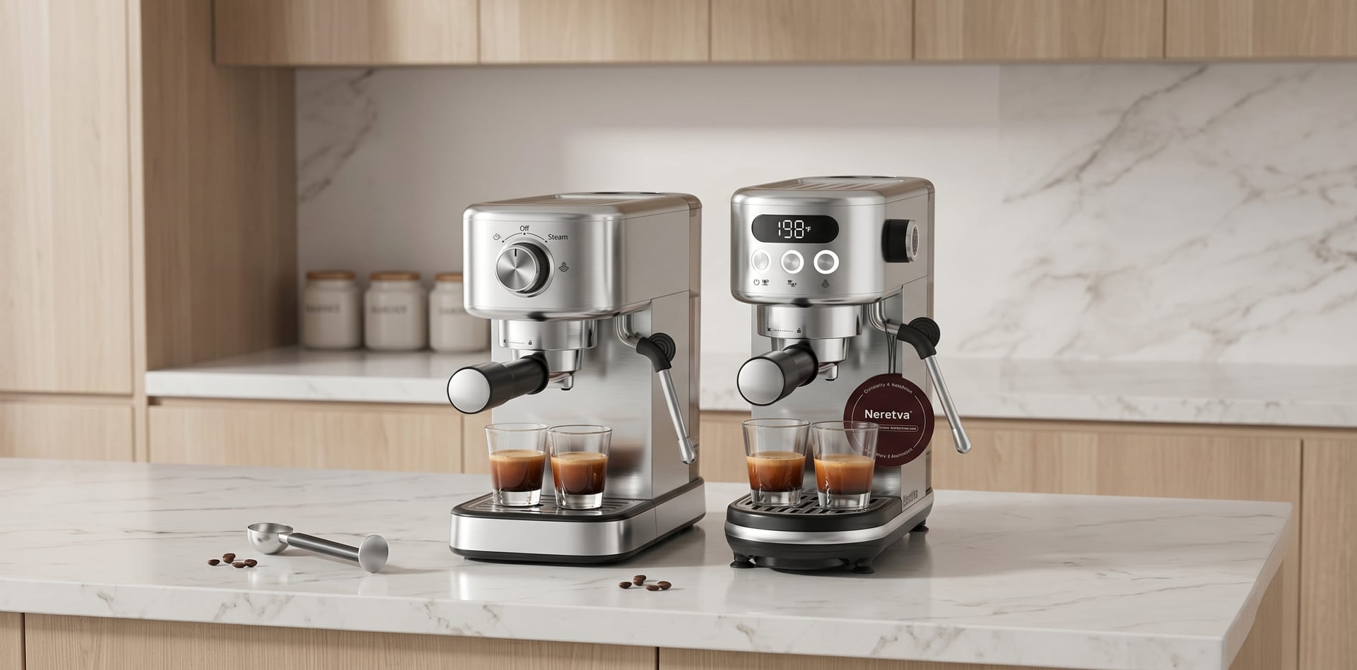 Neretva espresso machine vs DeLonghi Stilosa EC260 budget comparison size footprint side by side kitchen counter