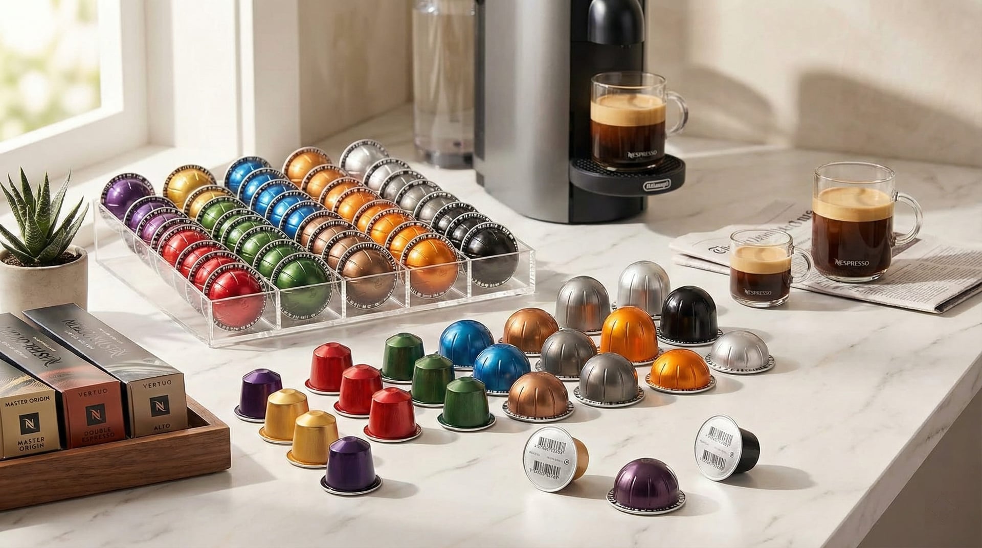 Nespresso Vertuo pod variety showing five cup sizes from espresso to 14-ounce coffee