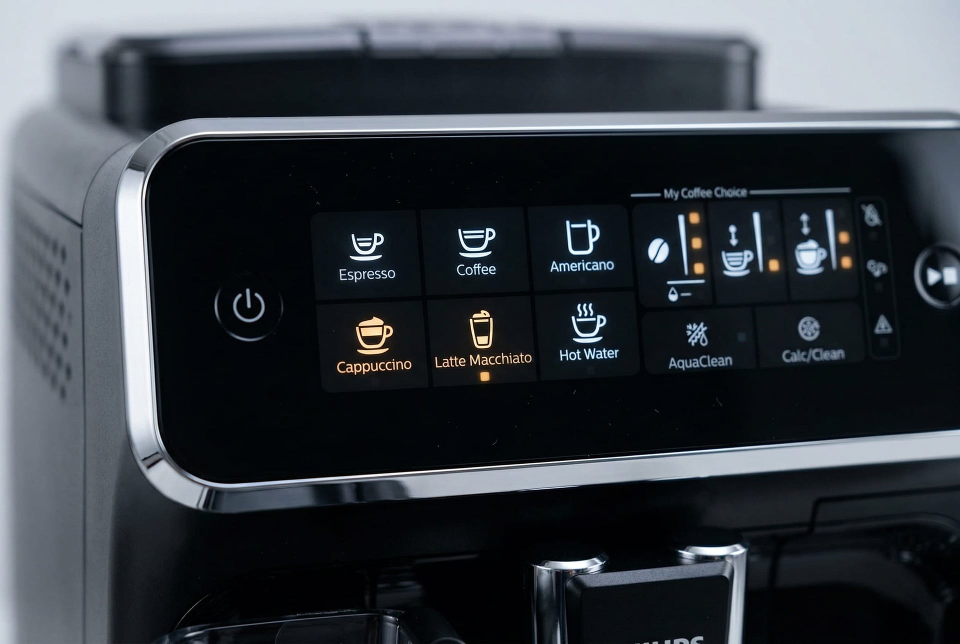 Philips 3200 LatteGo one-touch control panel with 5 drink presets — espresso, cappuccino, latte macchiato, americano, coffee