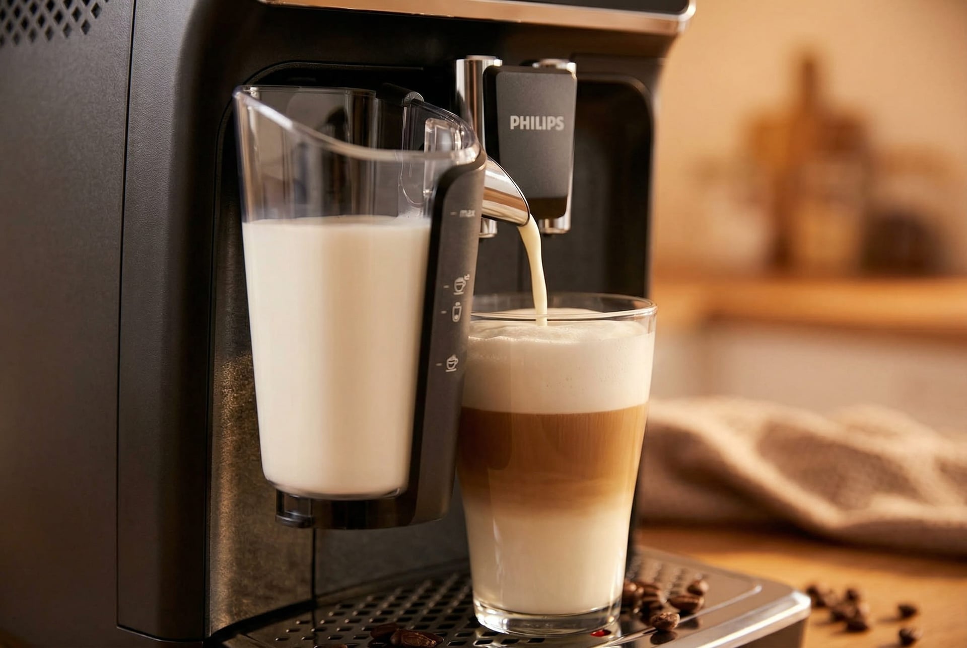 Philips LatteGo milk system pouring microfoam into a latte glass — dishwasher-safe carafe with 2-second automatic rinse