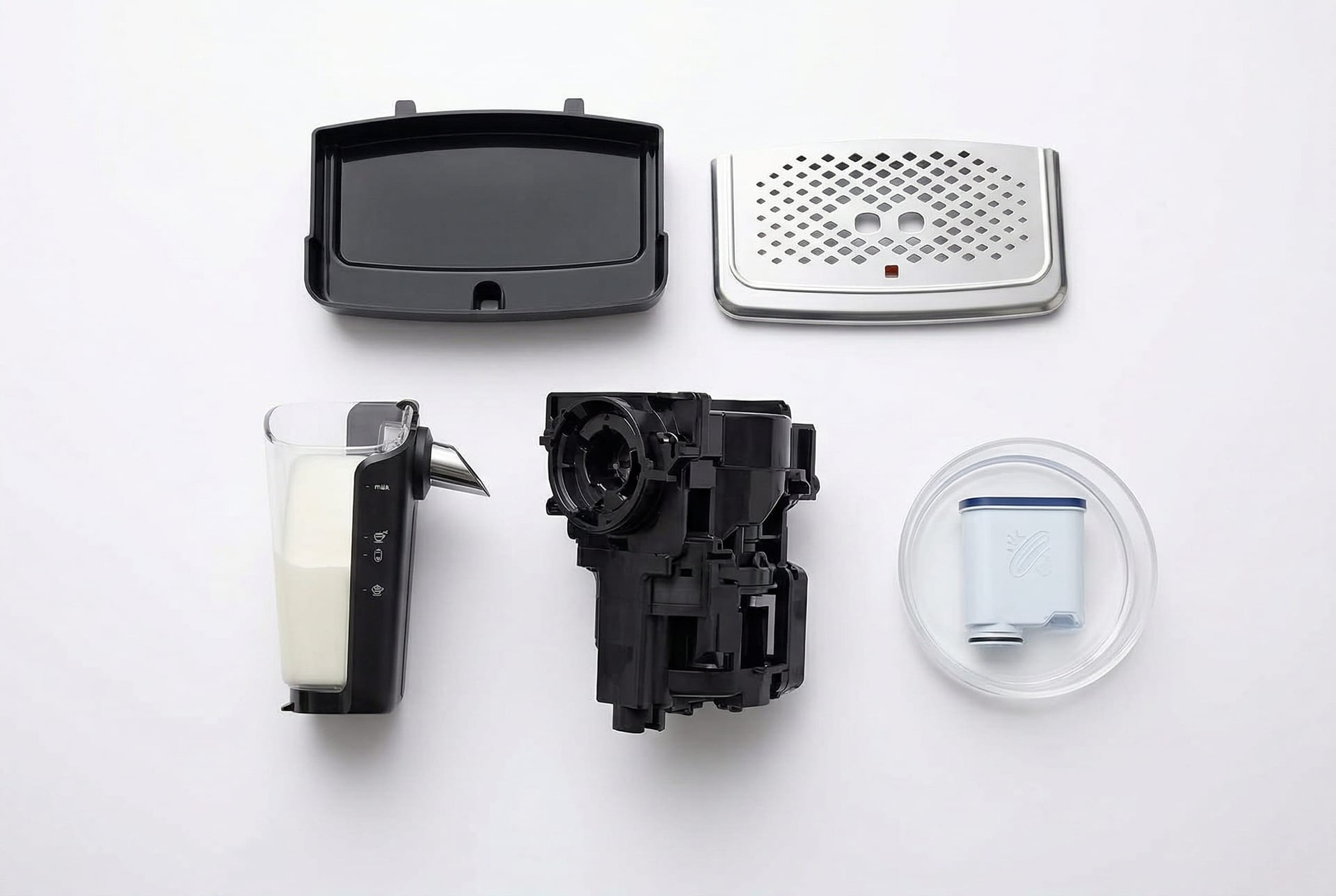 Philips 3200 LatteGo maintenance components — removable brew unit, drip tray, and LatteGo dishwasher-safe milk carafe